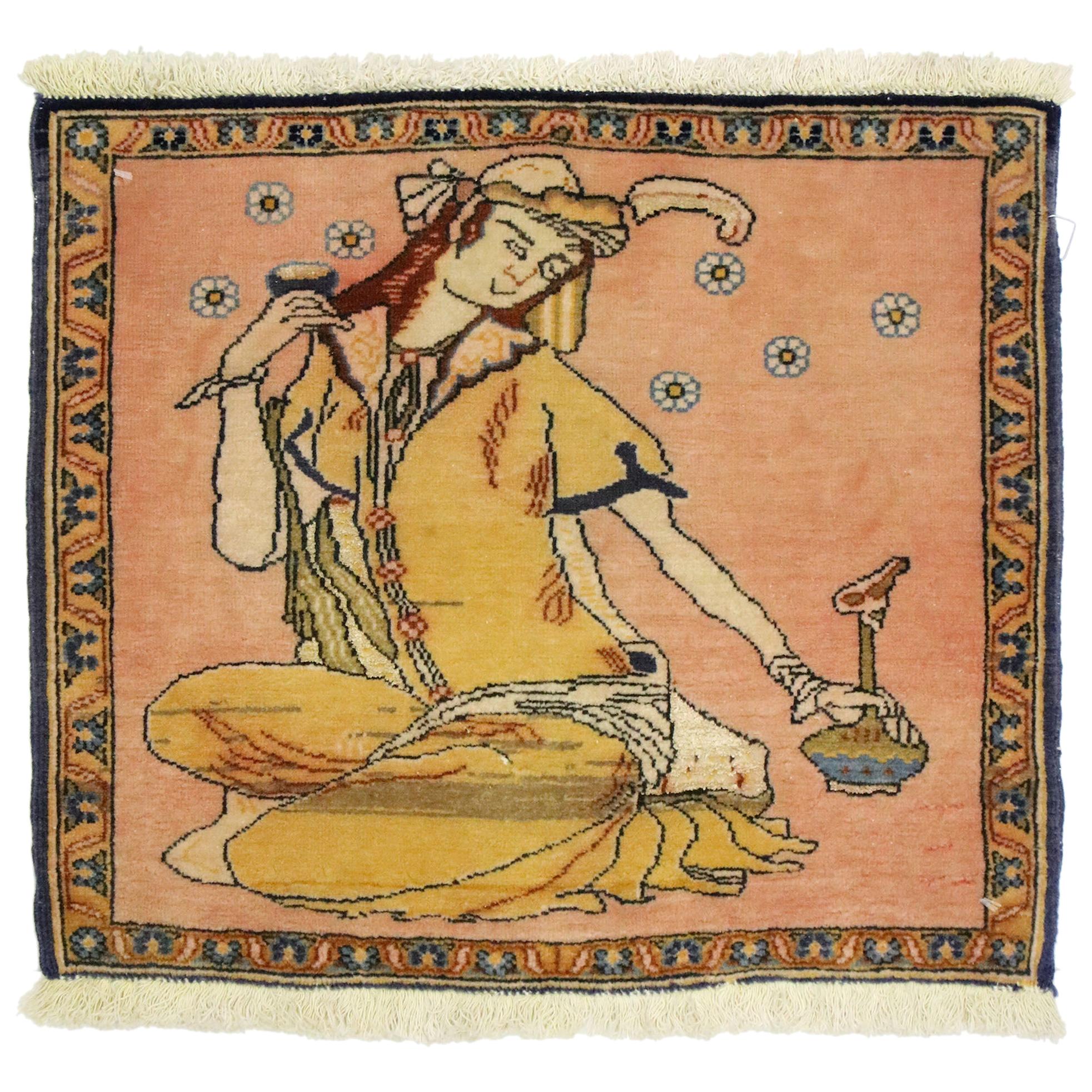 Vintage Persian Khamseh Pictorial Rug with Dervish Scene, Persian Wall Hanging For Sale