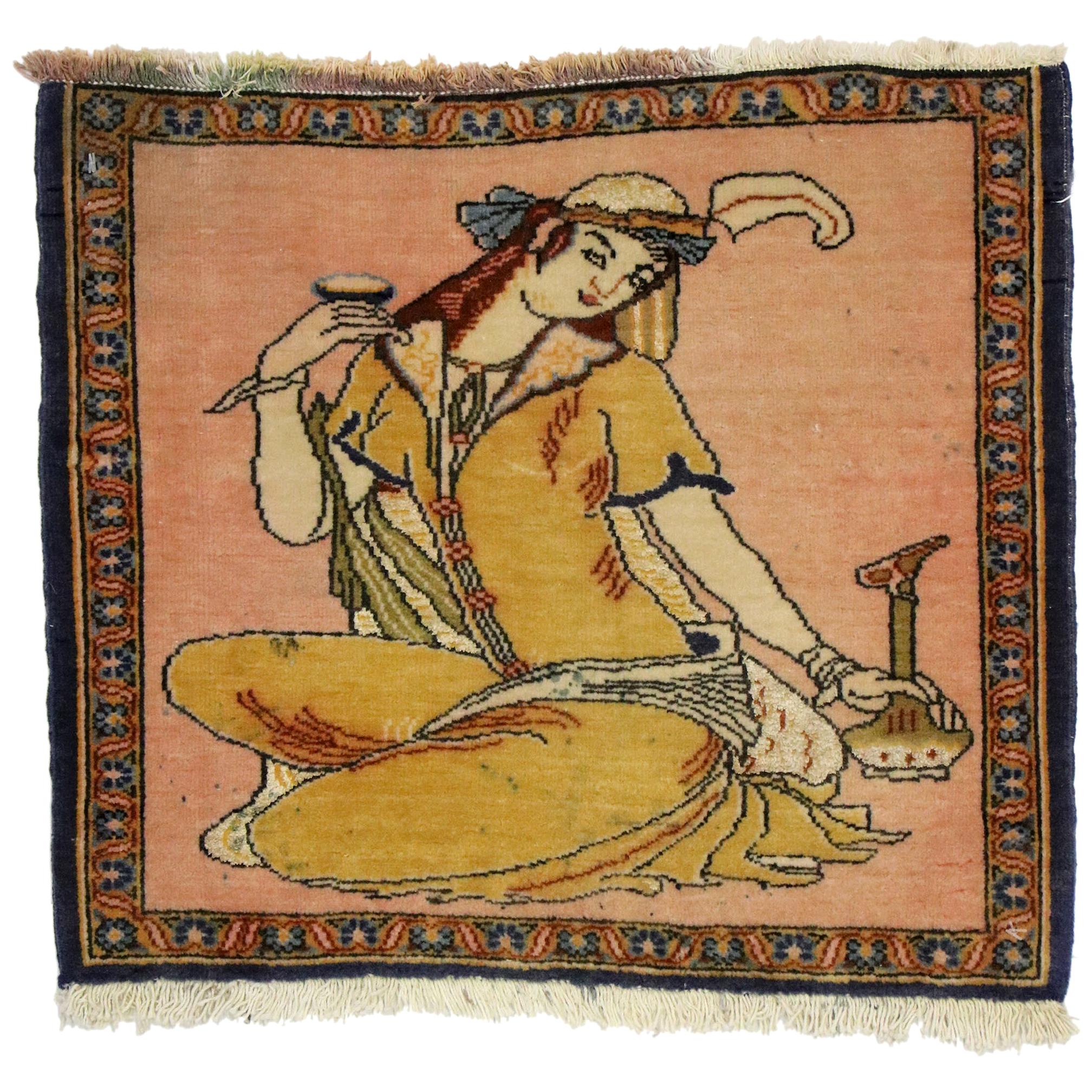 Tapis pictural persan vintage Khamseh avec scène derive, tenture murale persane en vente