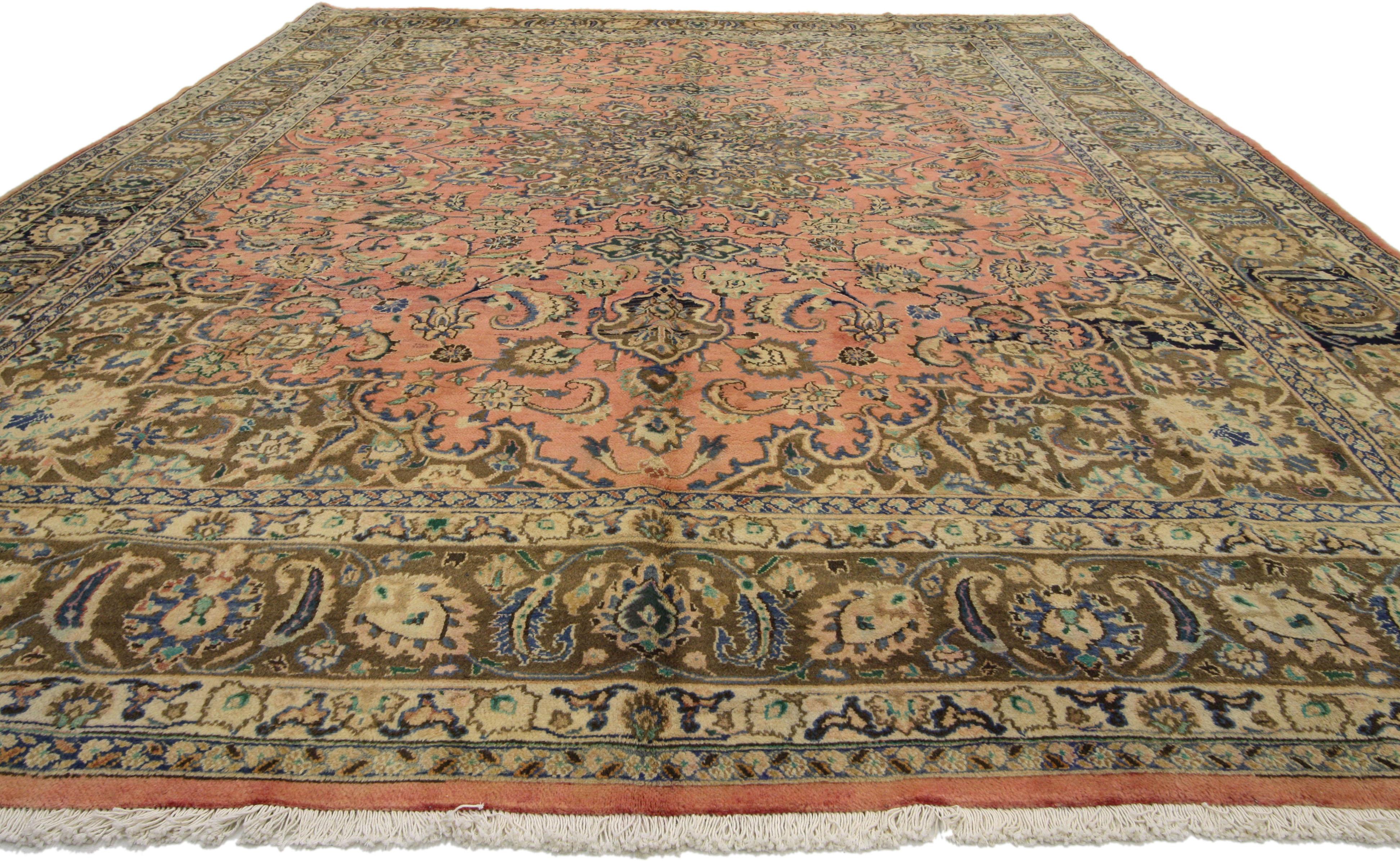 76451, vintage Persian Khorassan Area rug with traditional style. This hand-knotted wool vintage Persian Khorassan rug features a 16-point centre medallion and complementary spandrels with an allover arabesque floral pattern. It is surrounded by a