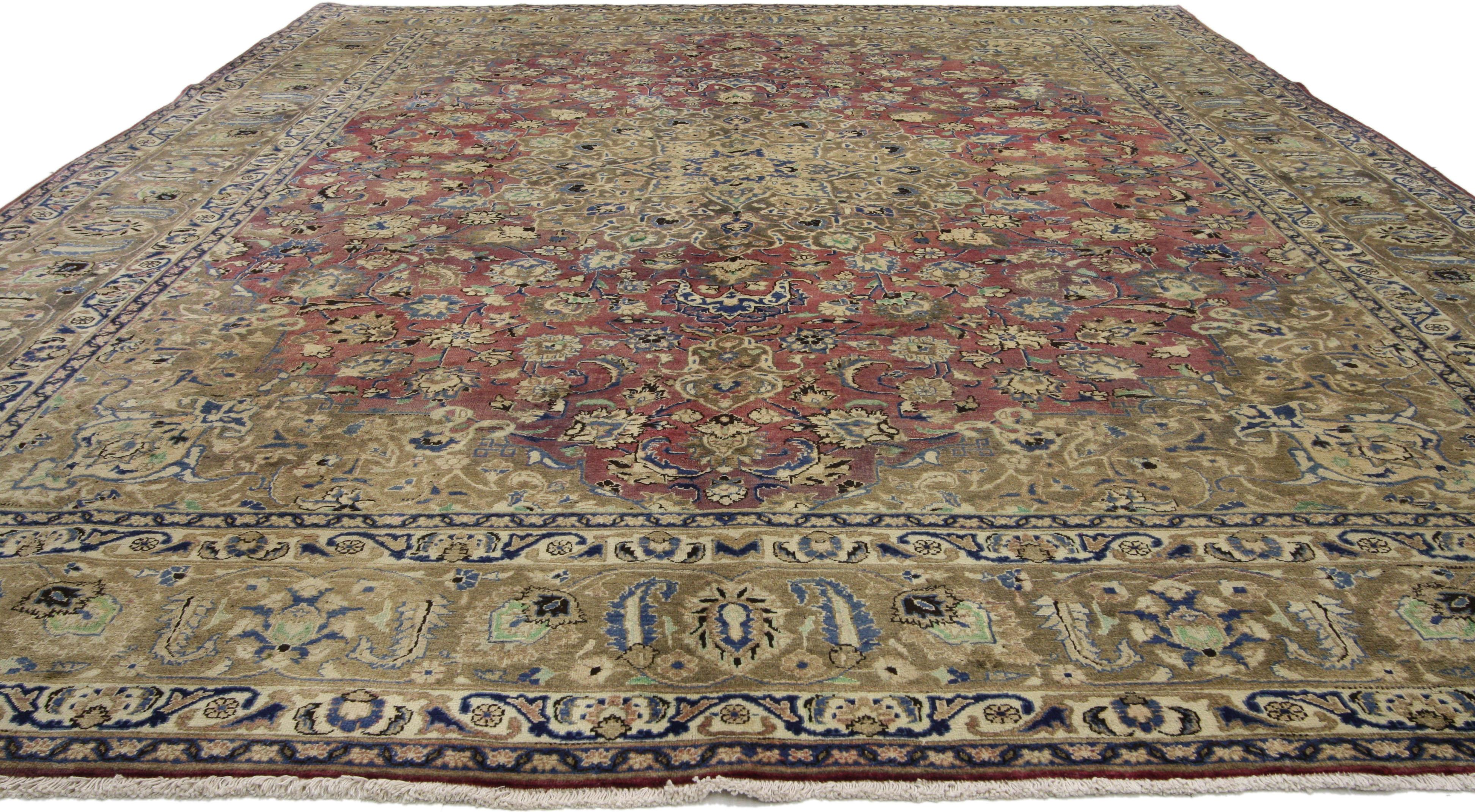 76466, vintage Persian Khorassan Area rug with traditional style. This hand-knotted wool vintage Persian Khorassan rug features an eight-point star inside a 16-point centre medallion and complementary spandrels with an all-over arabesque floral