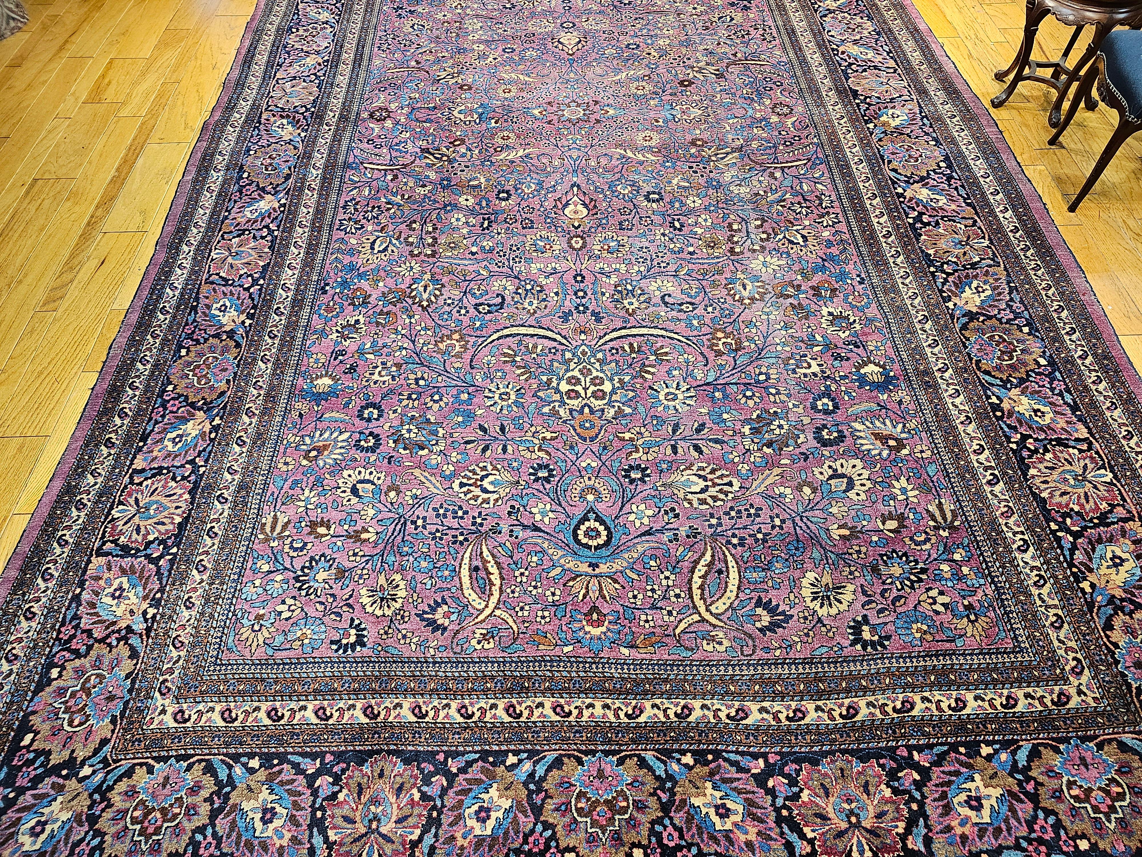 Vintage Persian Khorassan in Allover Pattern in Deep Purple, French Blue, Yellow For Sale 7