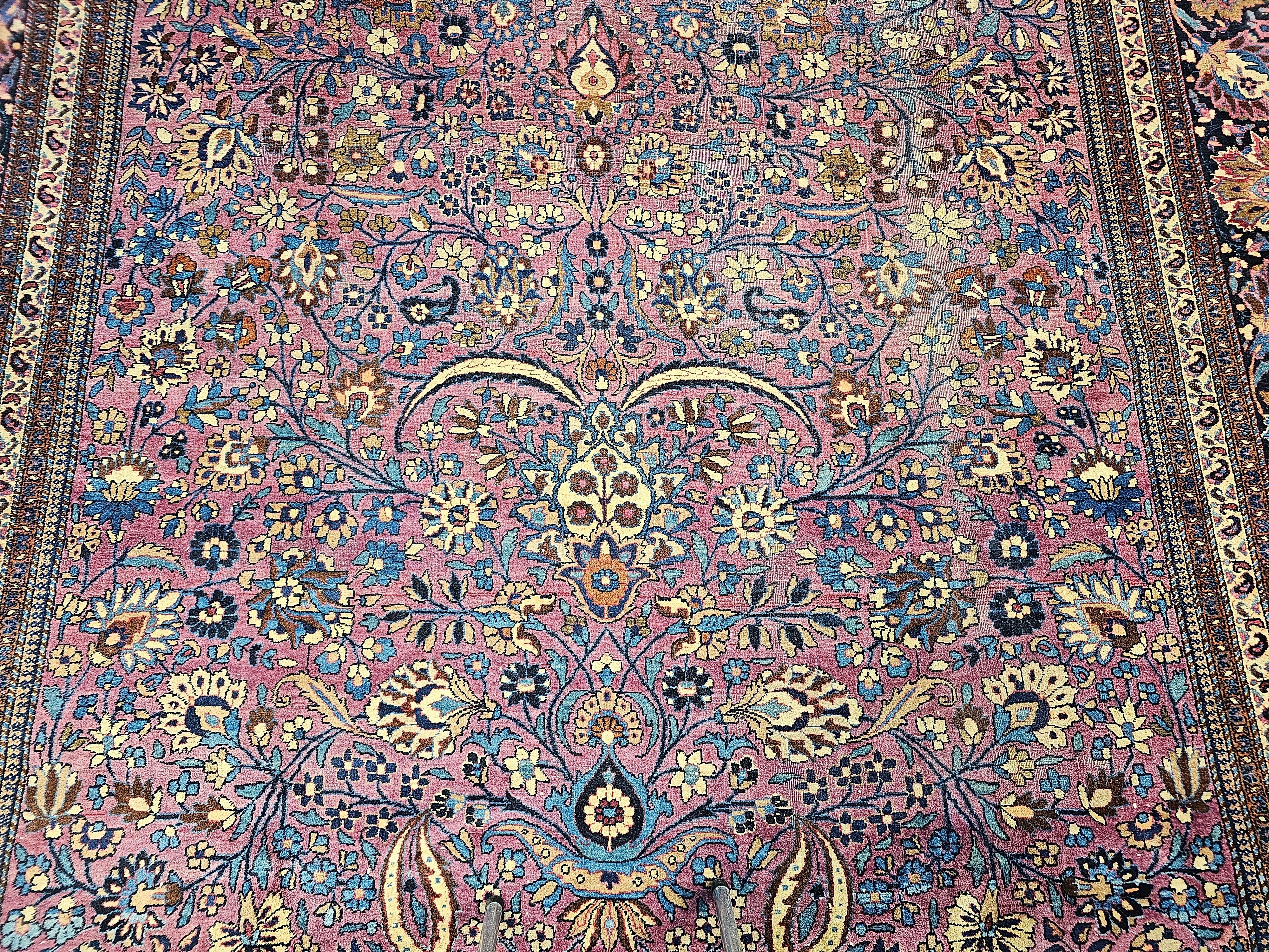 Vintage Persian Khorassan in Allover Pattern in Deep Purple, French Blue, Yellow In Good Condition For Sale In Barrington, IL