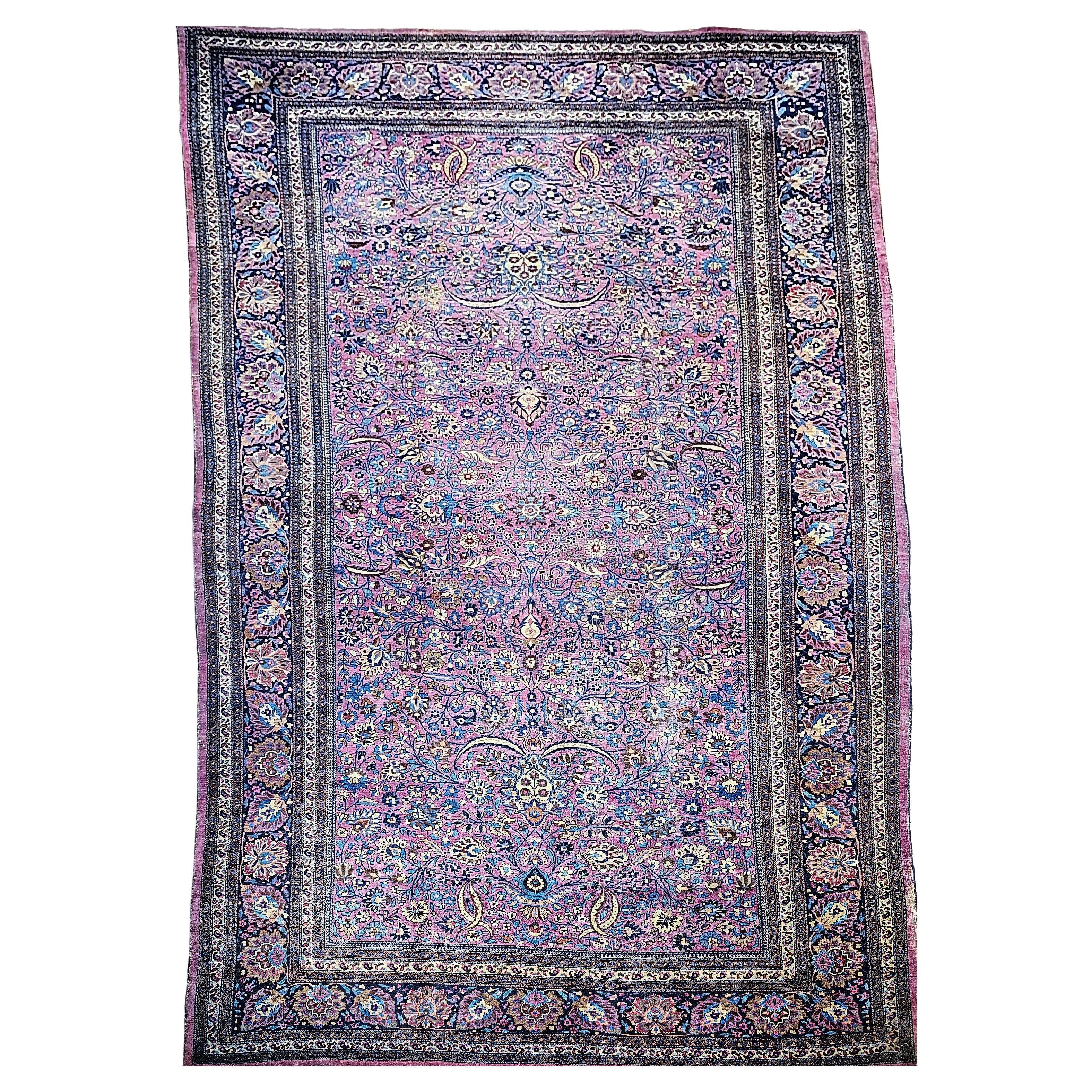 Vintage Persian Khorassan in Allover Pattern in Deep Purple, French Blue, Yellow For Sale