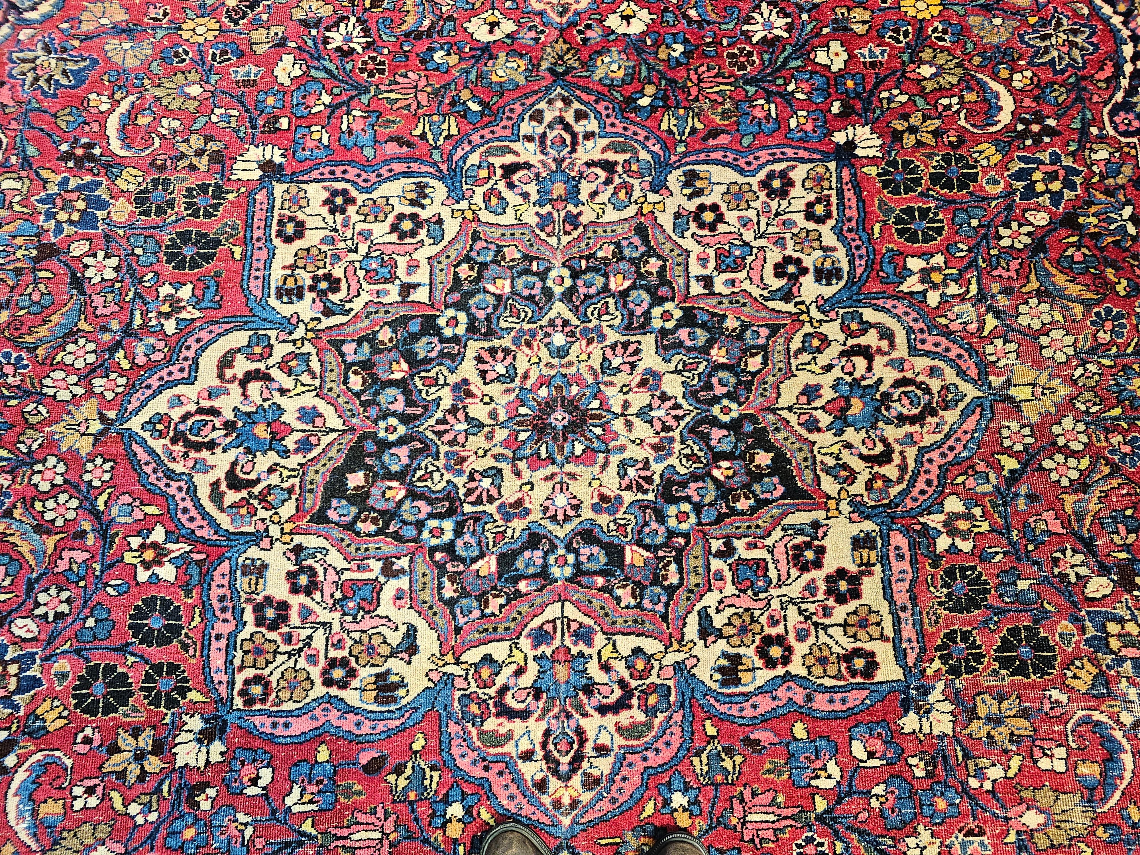 Vintage Persian Khorassan in Floral Pattern in Crimson, Camel, Blue, Pink For Sale 4