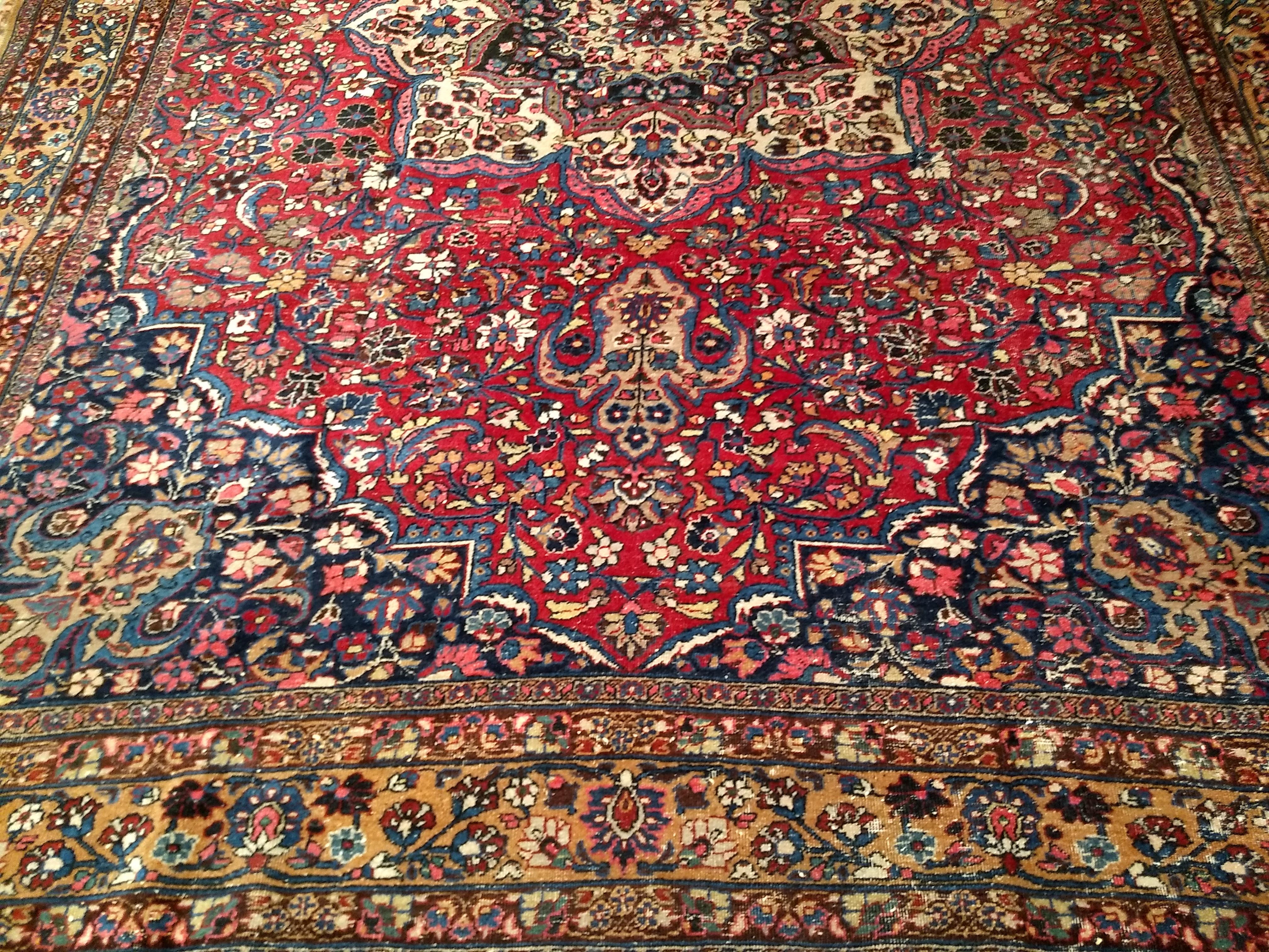 Hand-Knotted Vintage Persian Khorassan in Floral Pattern in Crimson, Camel, Blue, Pink For Sale