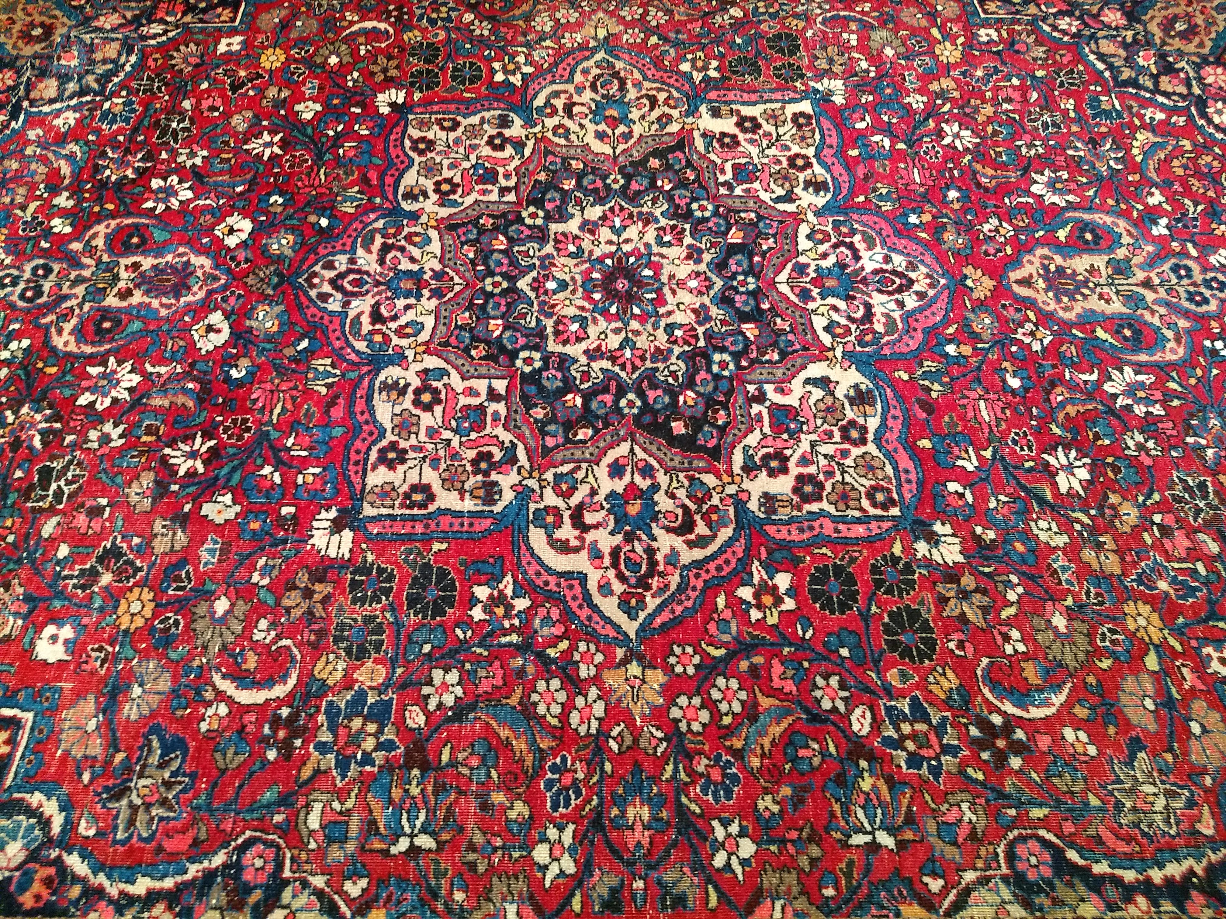 Vintage Persian Khorassan in Floral Pattern in Crimson, Camel, Blue, Pink In Good Condition For Sale In Barrington, IL
