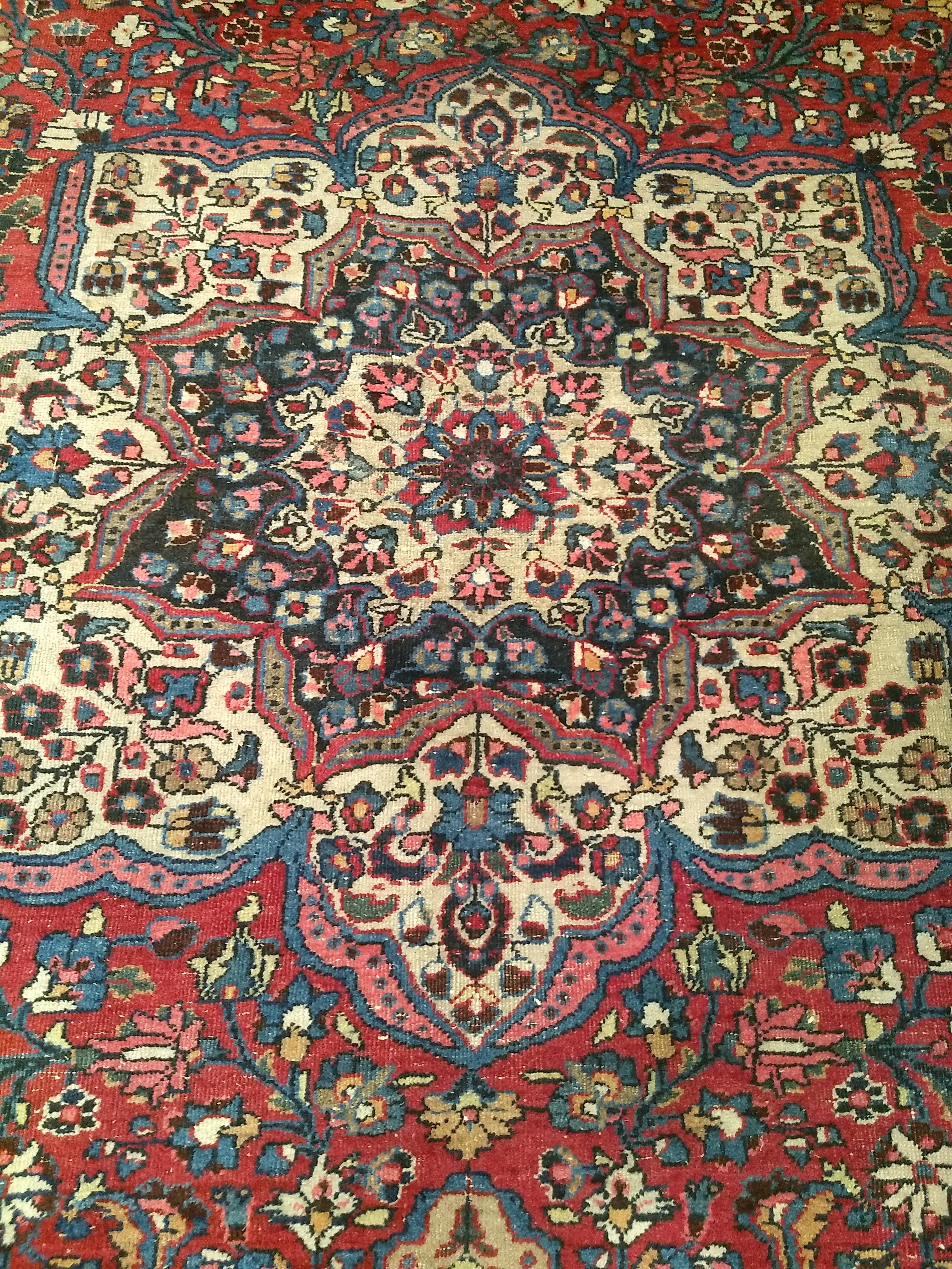 20th Century Vintage Persian Khorassan in Floral Pattern in Crimson, Camel, Blue, Pink For Sale