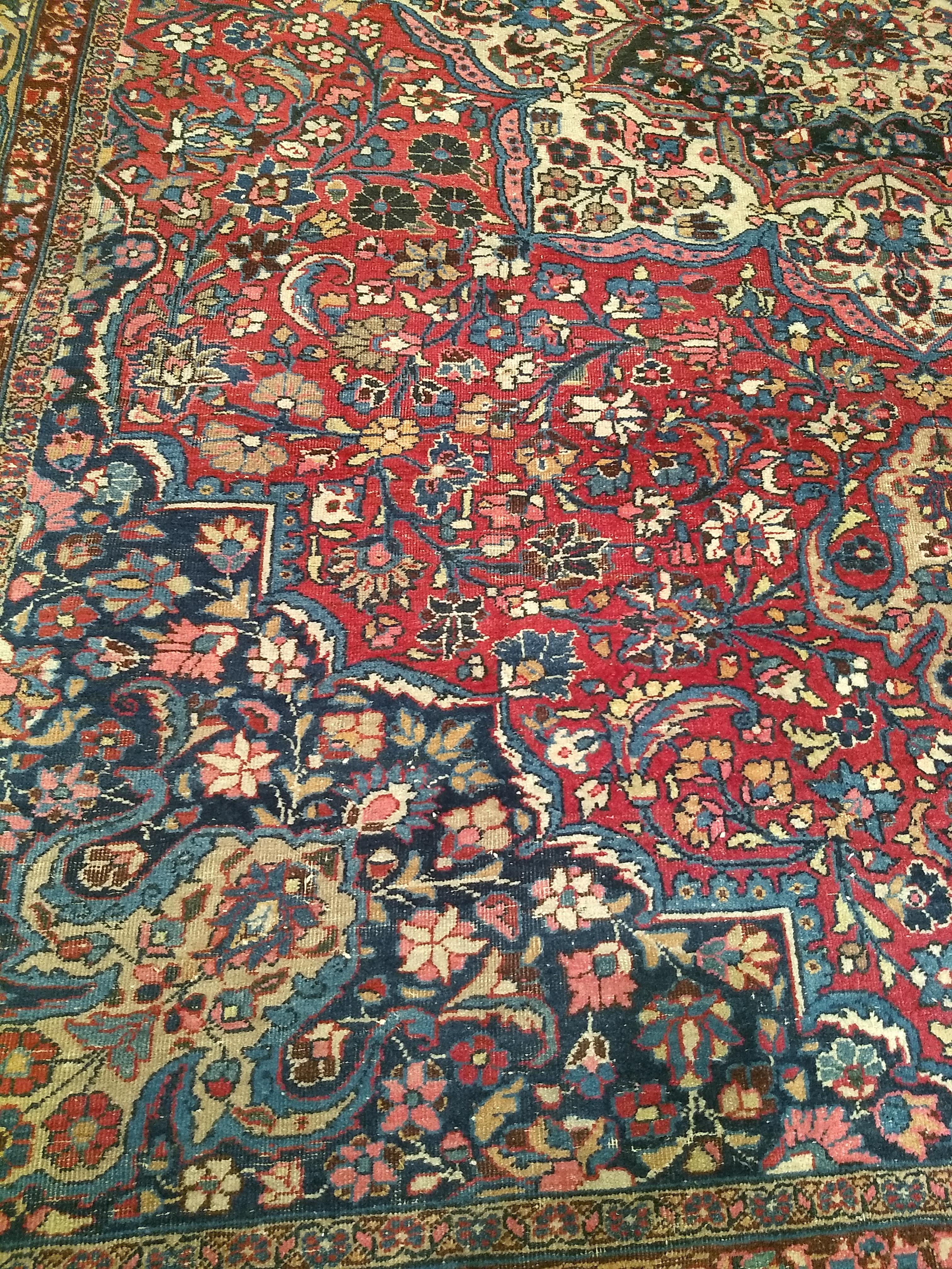 Wool Vintage Persian Khorassan in Floral Pattern in Crimson, Camel, Blue, Pink For Sale