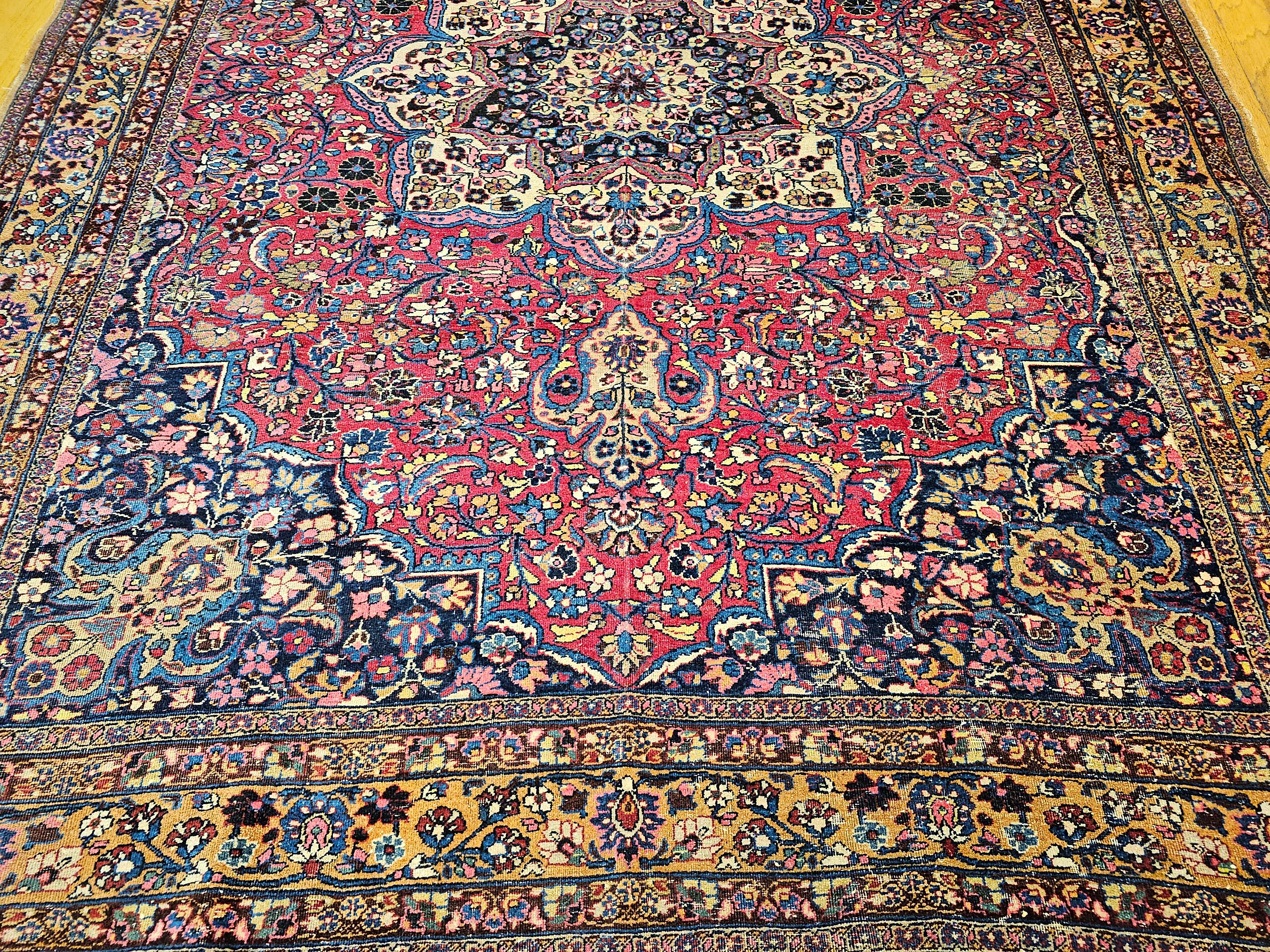 Vintage Persian Khorassan in Floral Pattern in Crimson, Camel, Blue, Pink For Sale 1