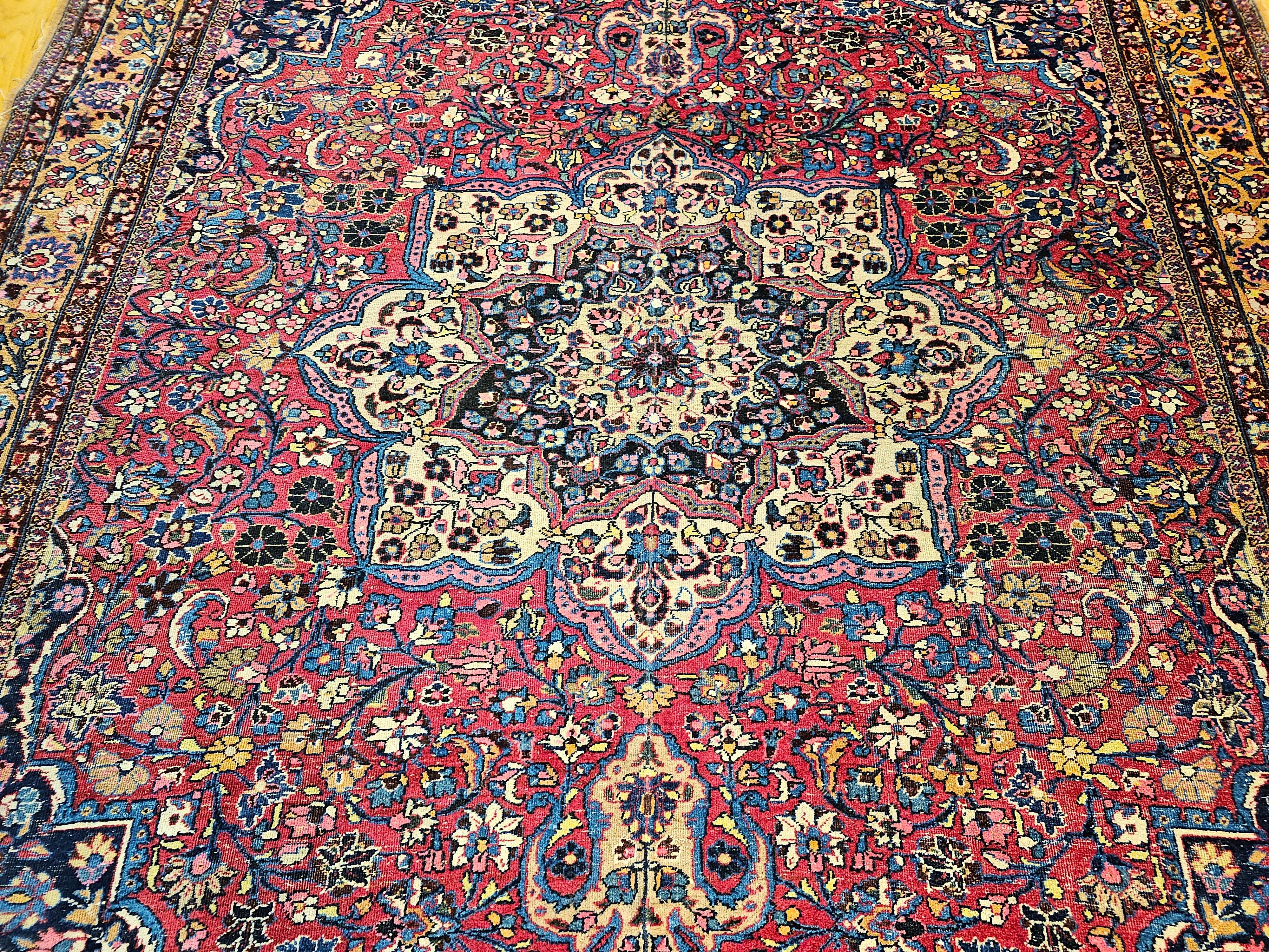 Vintage Persian Khorassan in Floral Pattern in Crimson, Camel, Blue, Pink For Sale 2