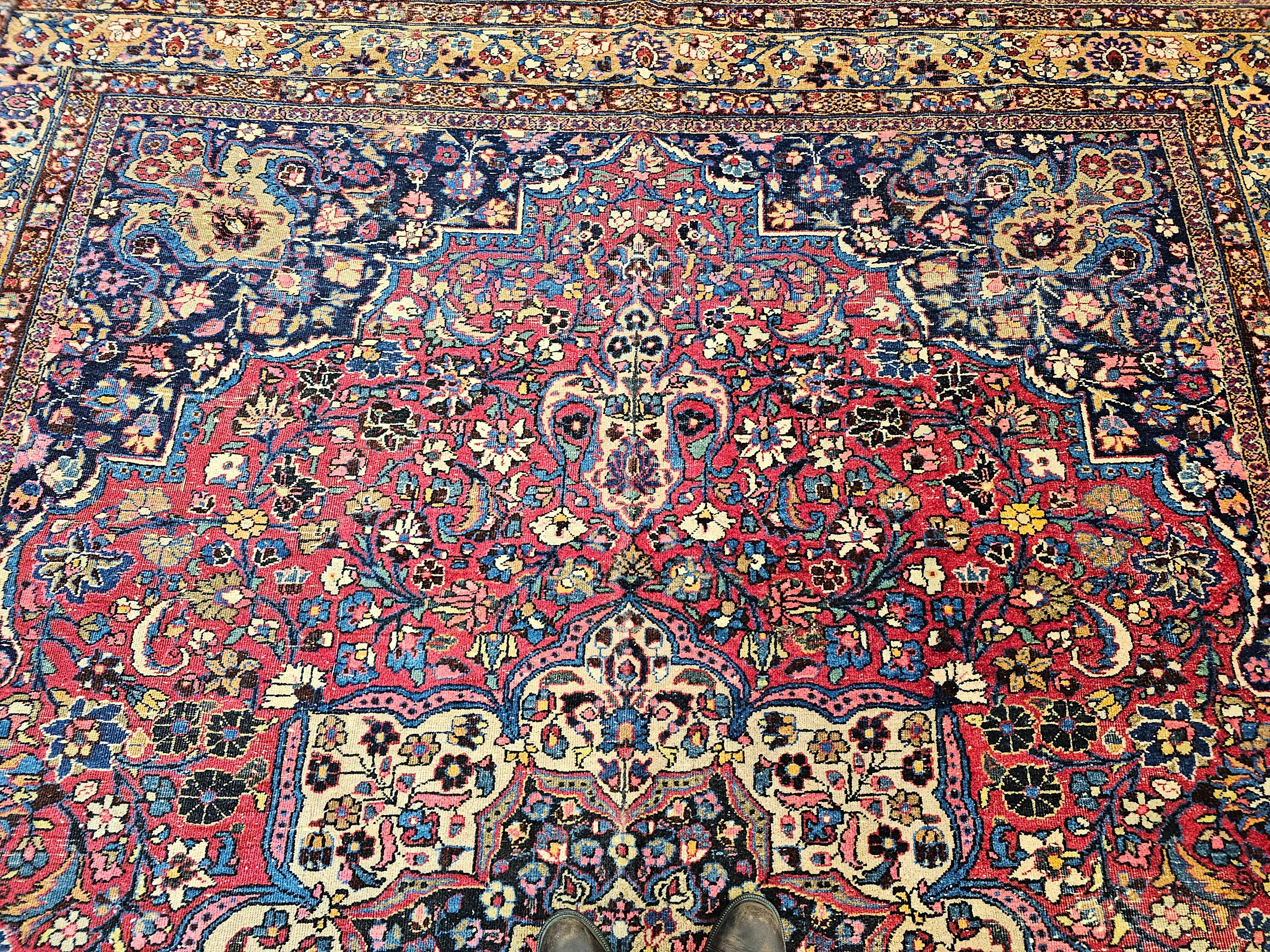 Vintage Persian Khorassan in Floral Pattern in Crimson, Camel, Blue, Pink For Sale 3