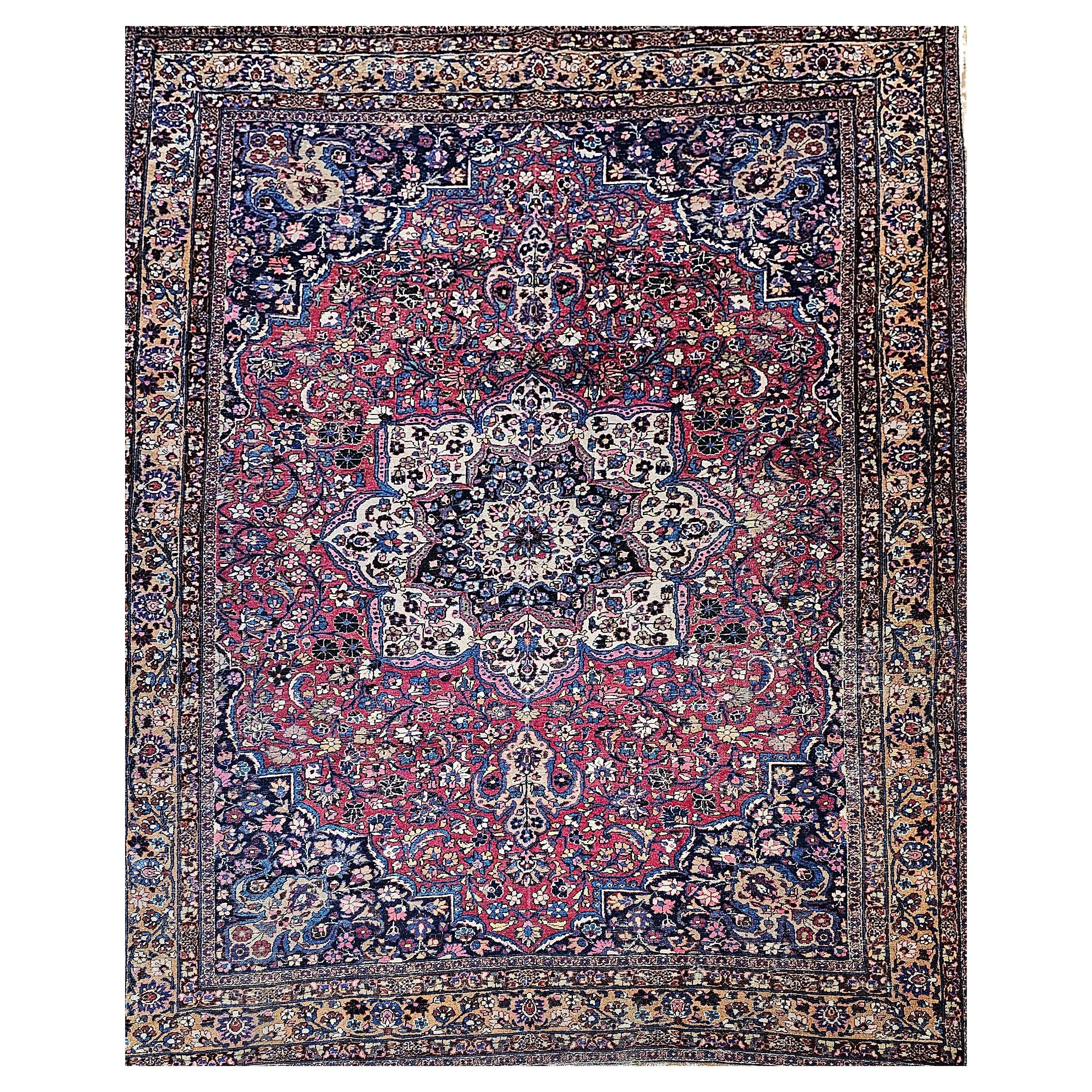 Vintage Persian Khorassan in Floral Pattern in Crimson, Camel, Blue, Pink