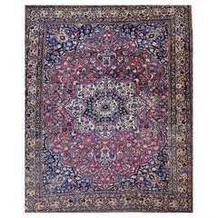 Vintage Persian Khorassan in Floral Pattern in Crimson, Camel, Blue, Pink