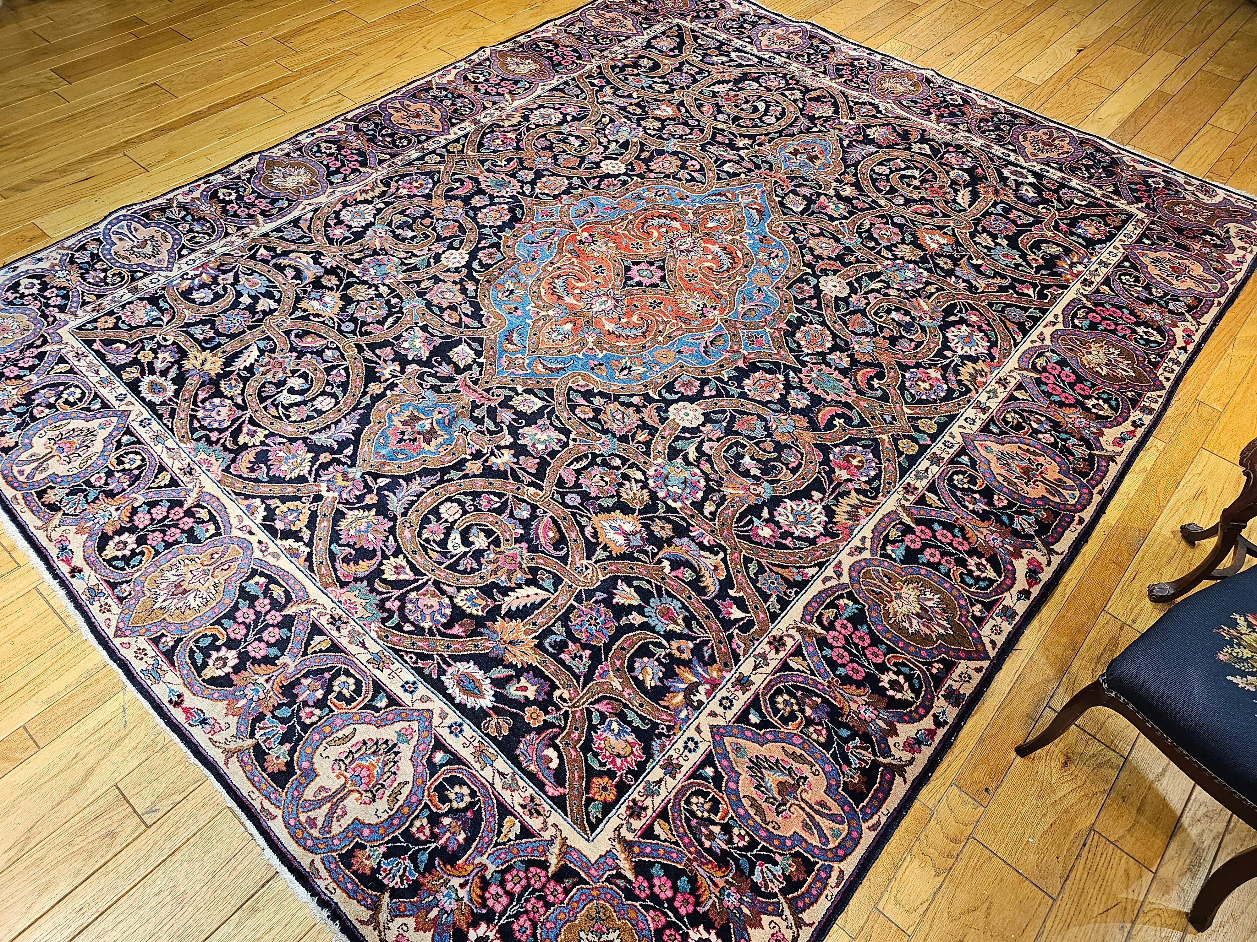 Vintage Persian Khorassan in Floral Pattern in Navy, Turquoise, Pink, Yellow For Sale 4