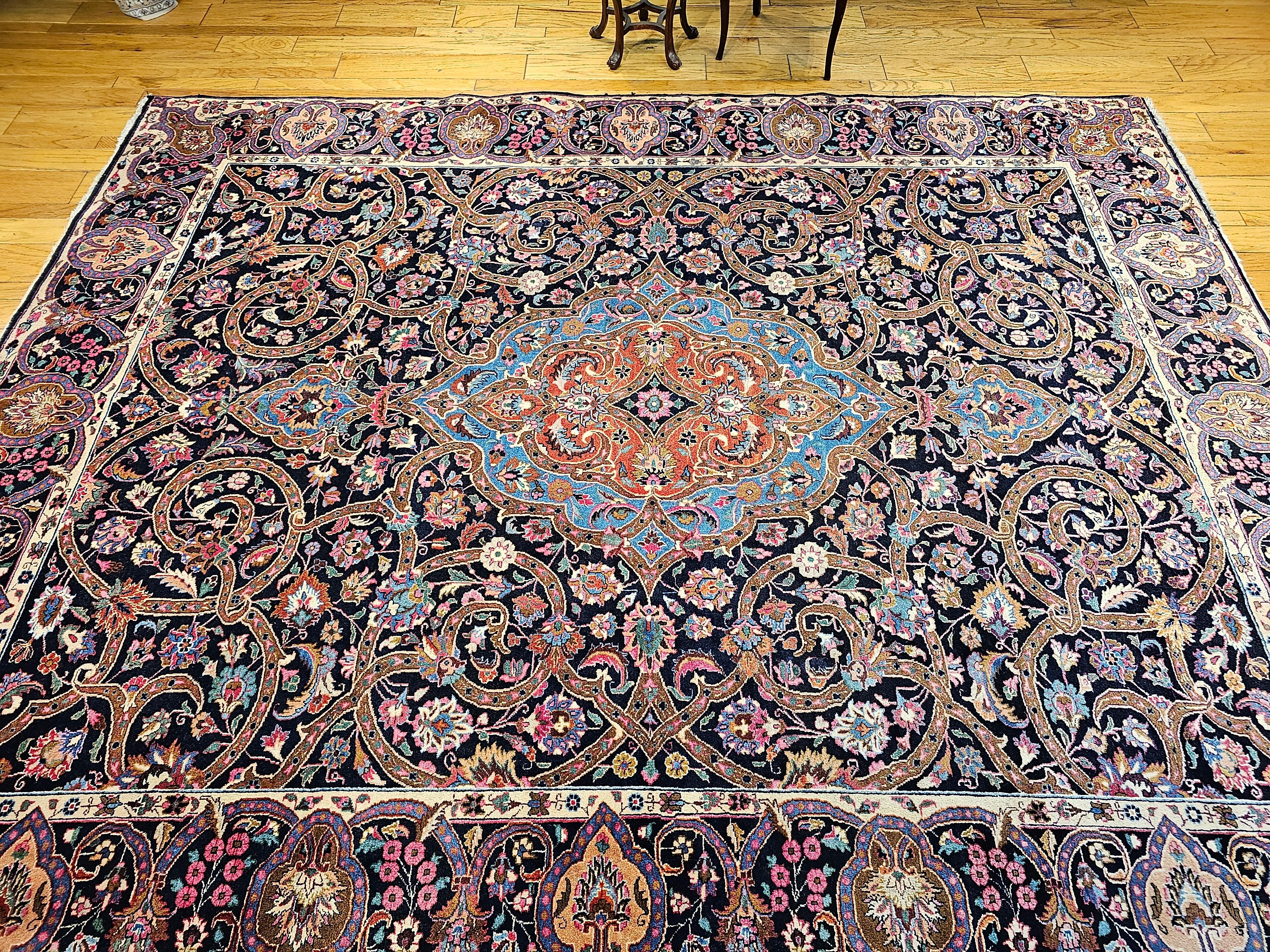 Vintage Persian Khorassan in Floral Pattern in Navy, Turquoise, Pink, Yellow For Sale 5