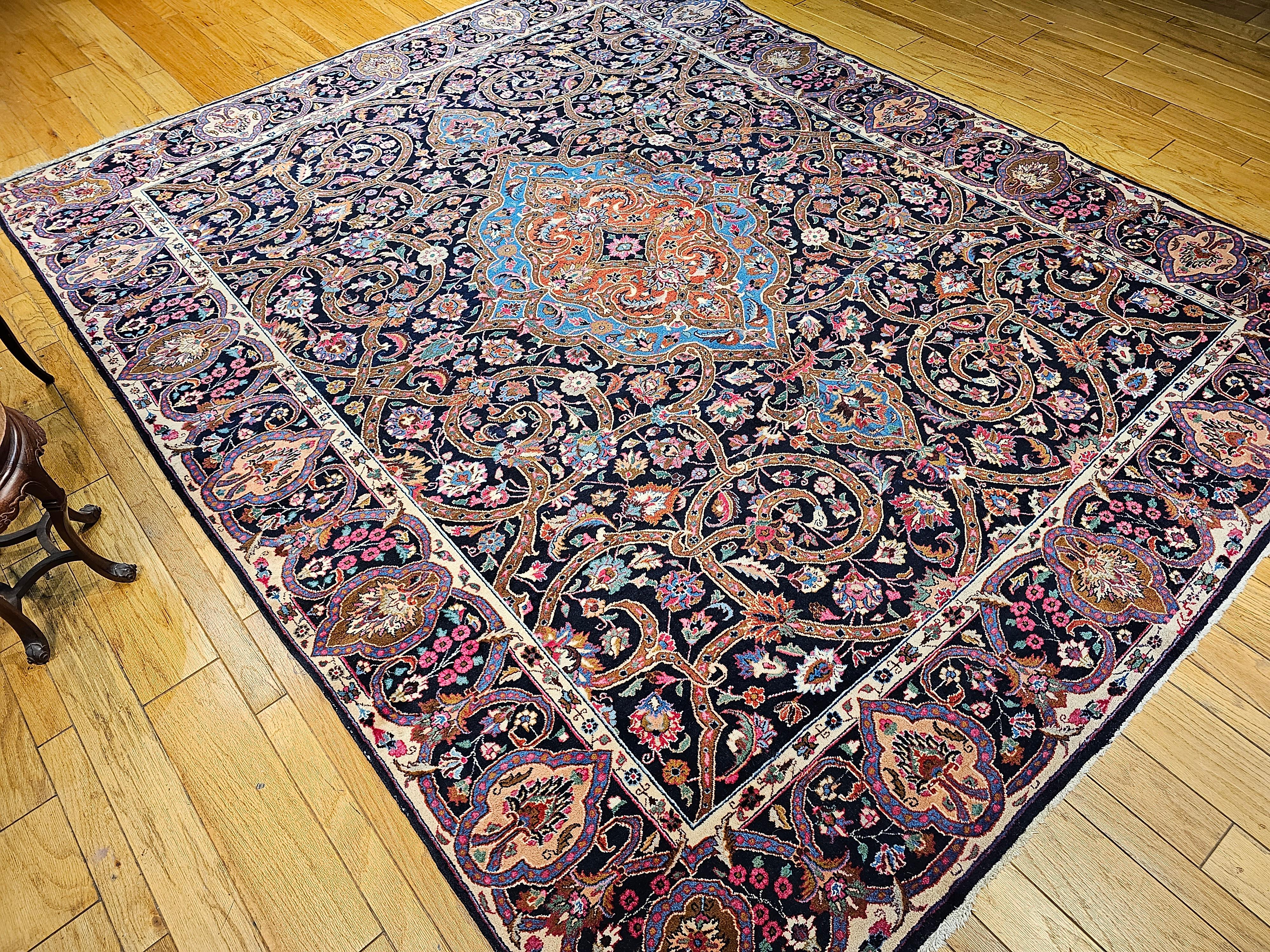 Vintage Persian Khorassan in Floral Pattern in Navy, Turquoise, Pink, Yellow For Sale 6