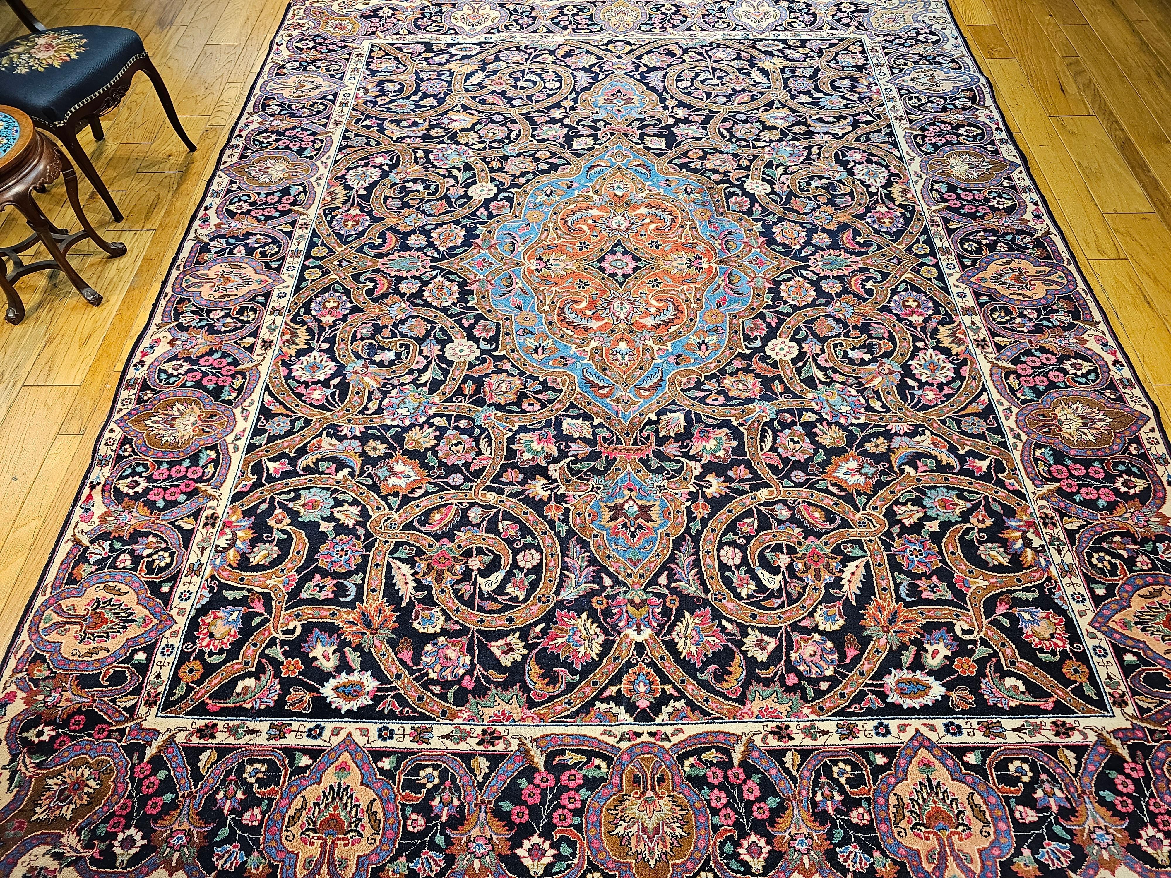 Vintage Persian Khorassan in Floral Pattern in Navy, Turquoise, Pink, Yellow For Sale 7