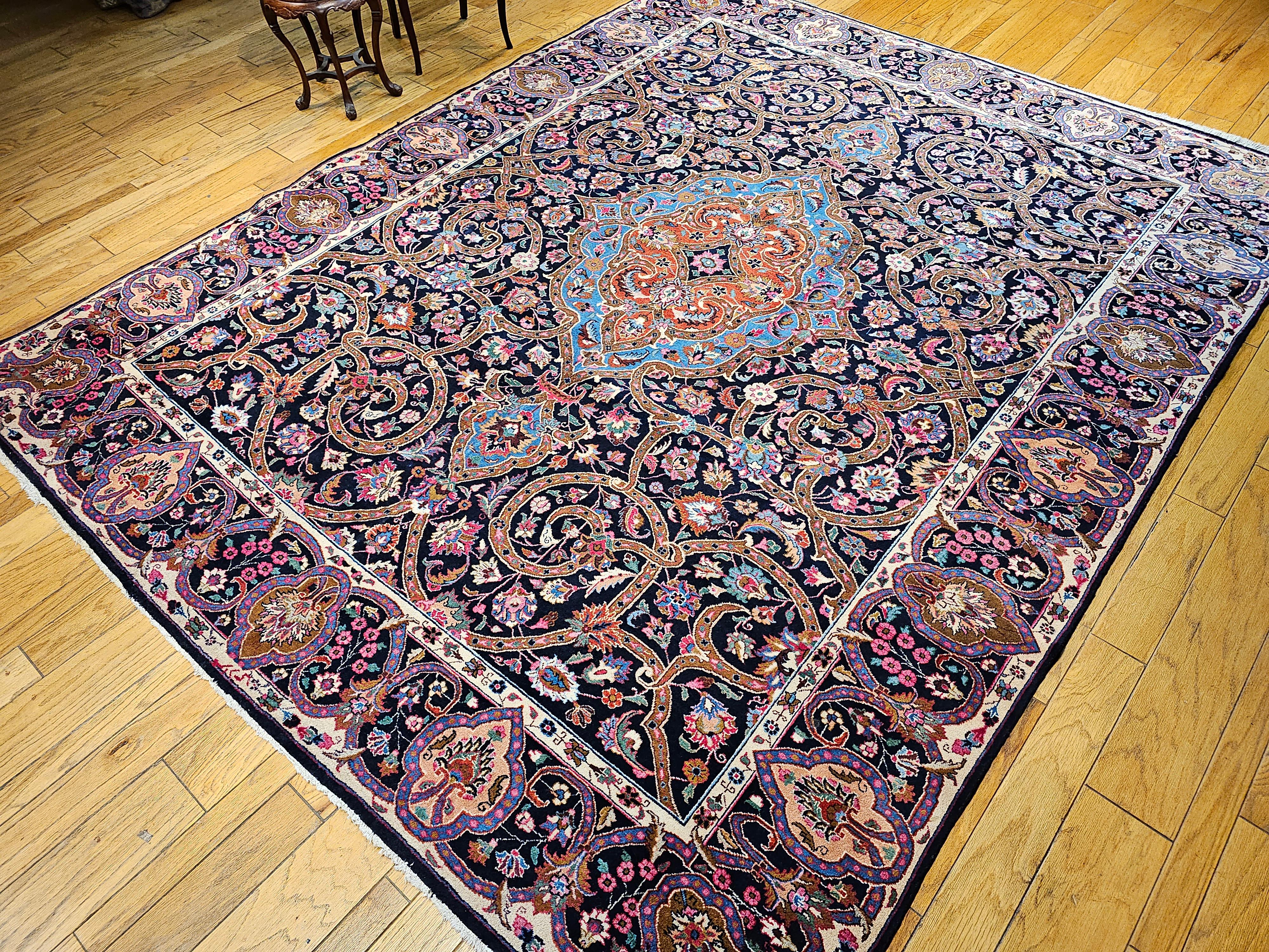 Vintage Persian Khorassan in Floral Pattern in Navy, Turquoise, Pink, Yellow For Sale 8