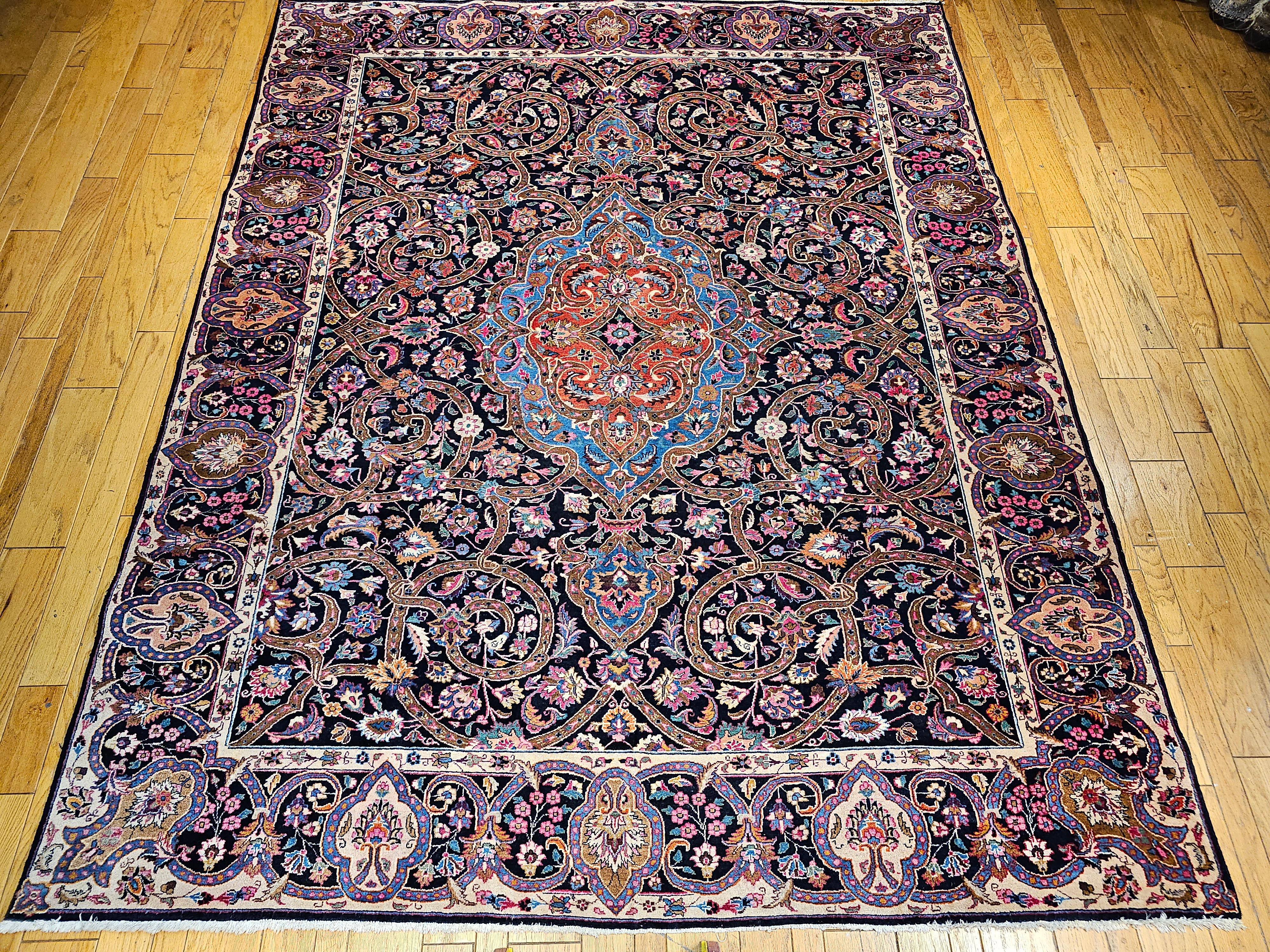 Vintage Persian Khorassan in Floral Pattern in Navy, Turquoise, Pink, Yellow For Sale 9