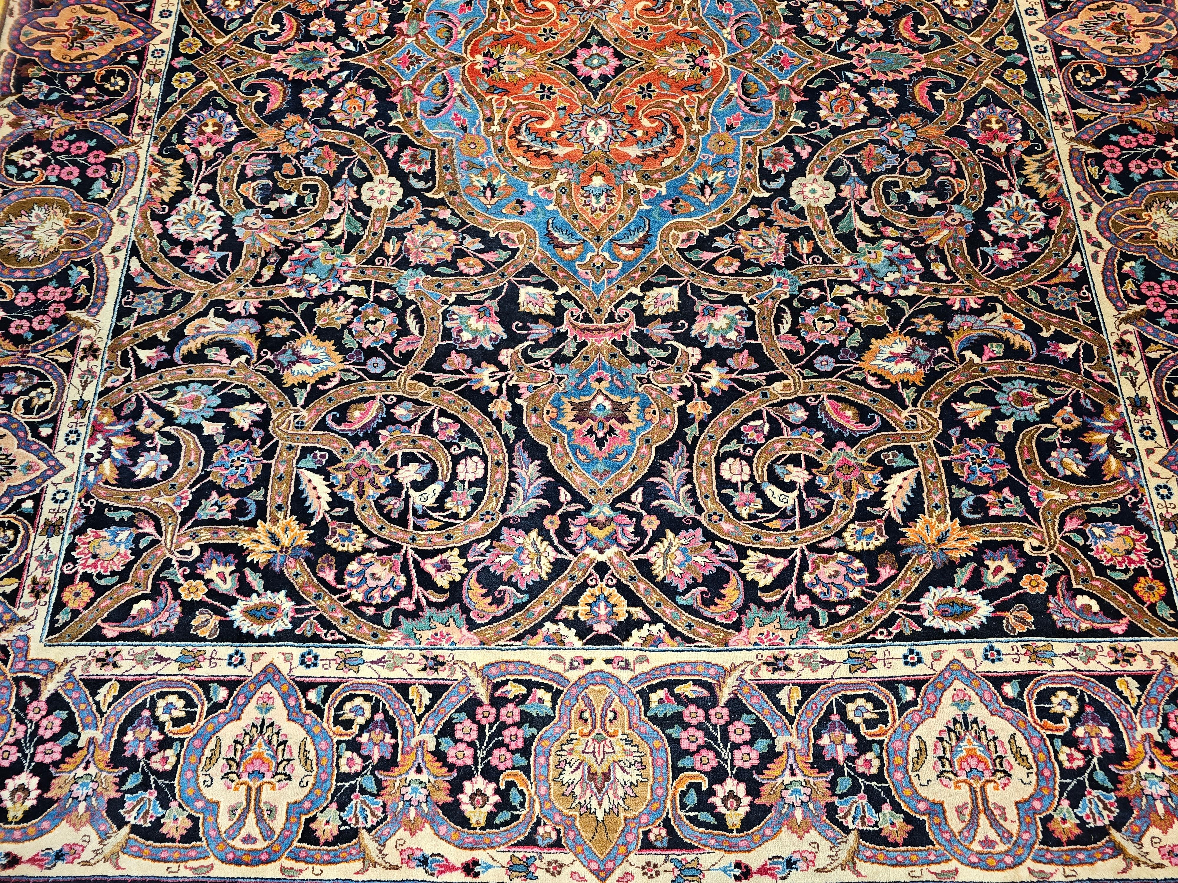 Hand-Knotted Vintage Persian Khorassan in Floral Pattern in Navy, Turquoise, Pink, Yellow For Sale
