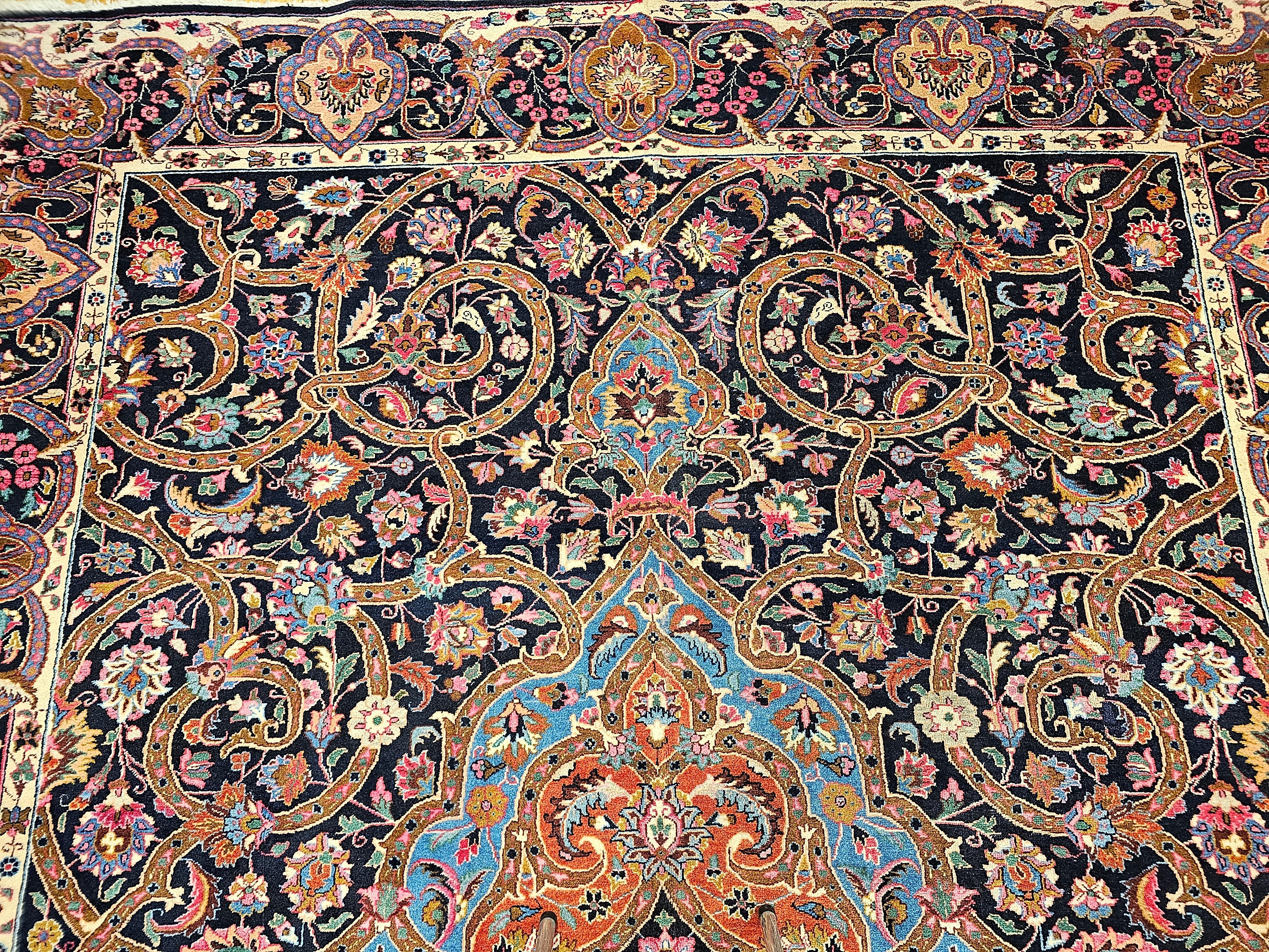 20th Century Vintage Persian Khorassan in Floral Pattern in Navy, Turquoise, Pink, Yellow For Sale