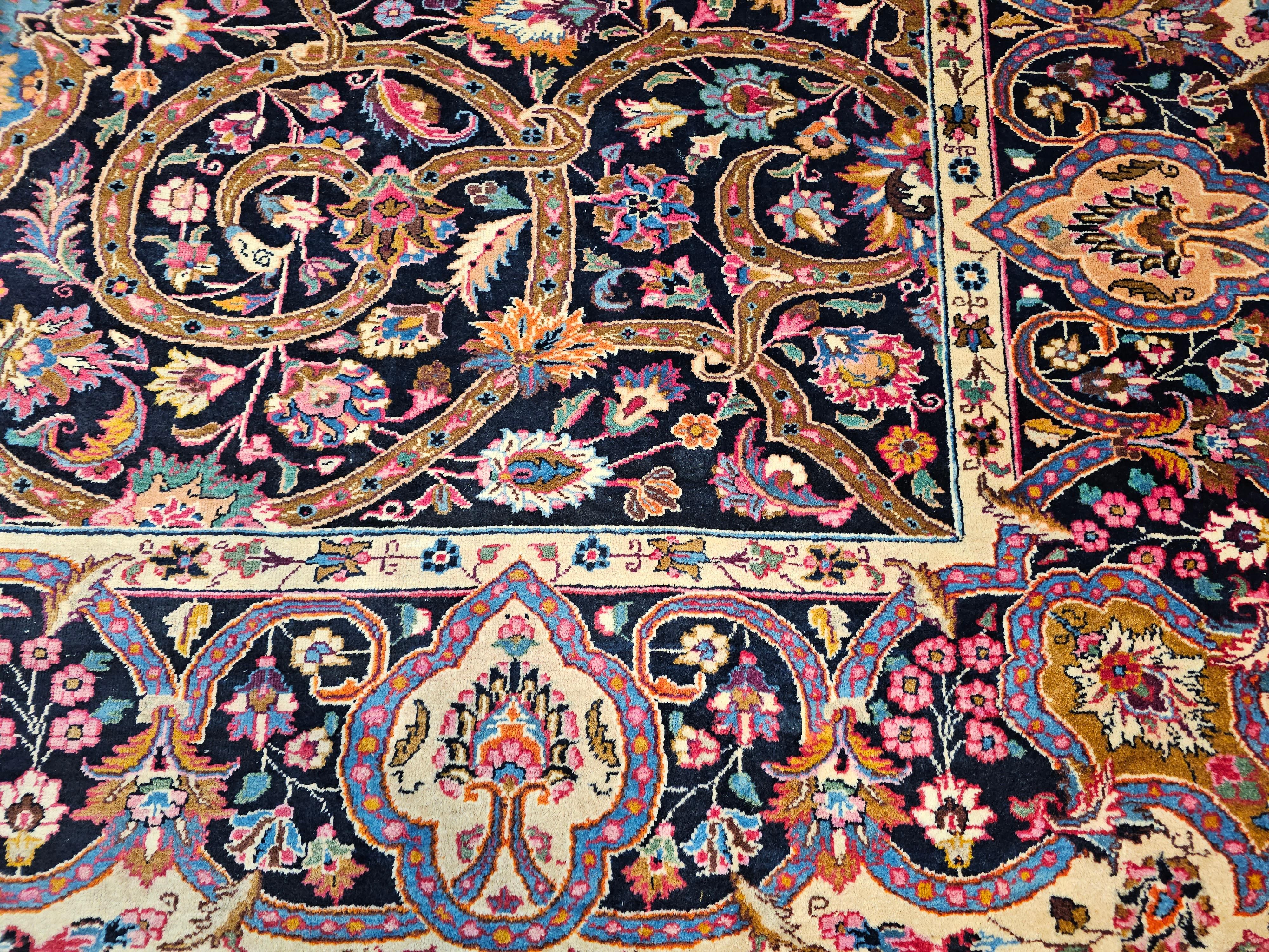Wool Vintage Persian Khorassan in Floral Pattern in Navy, Turquoise, Pink, Yellow For Sale