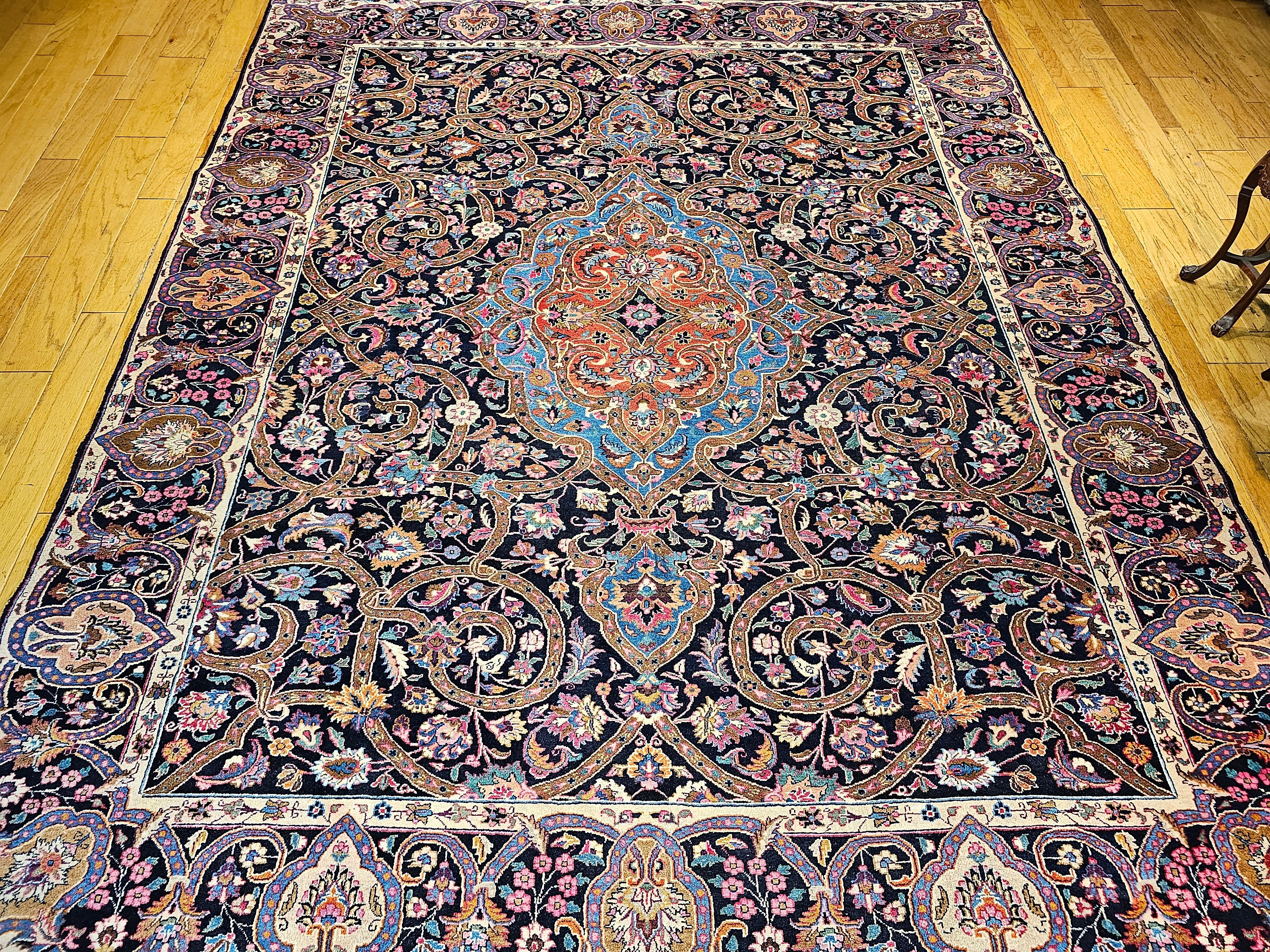 Vintage Persian Khorassan in Floral Pattern in Navy, Turquoise, Pink, Yellow For Sale 2