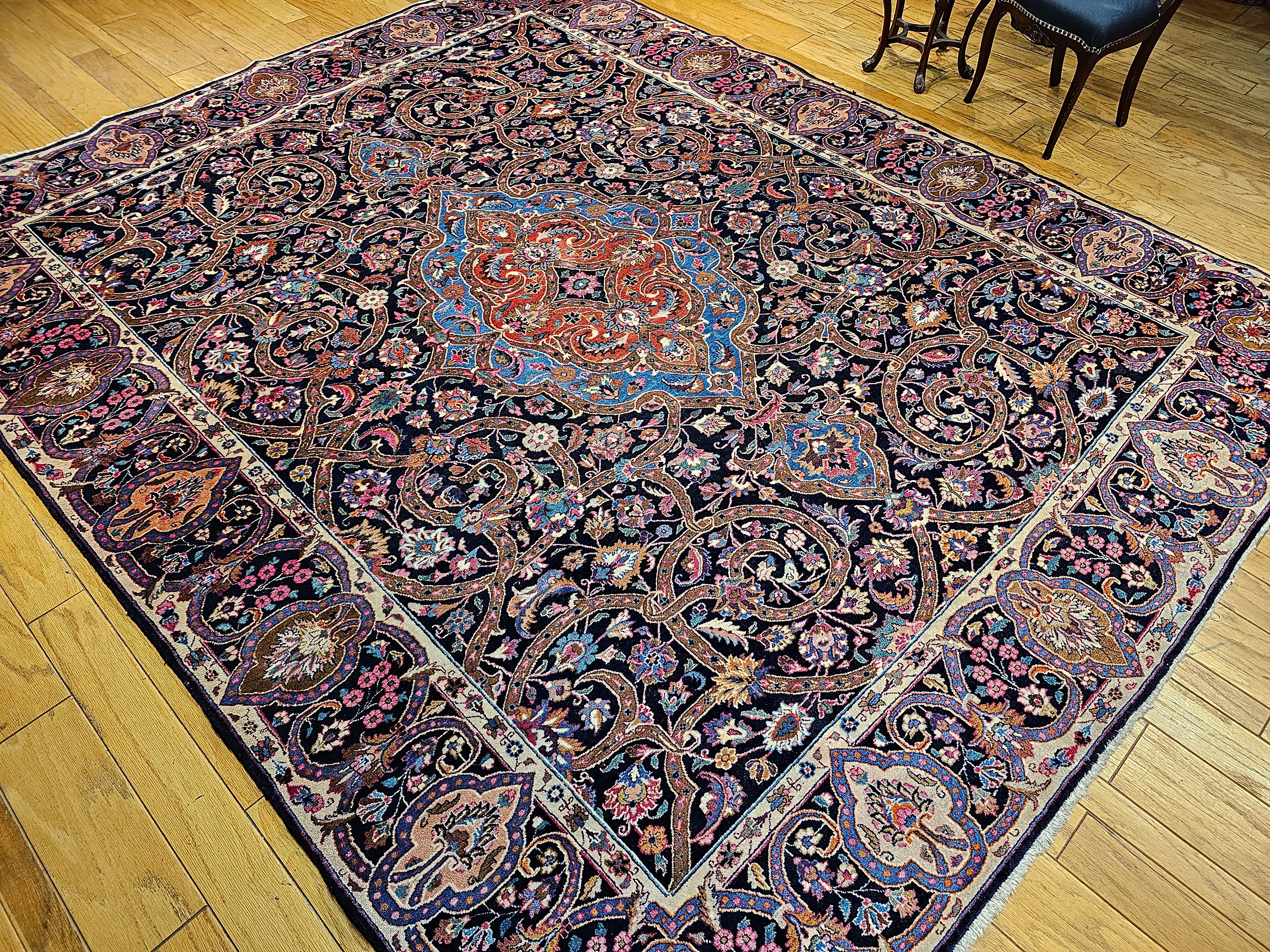 Vintage Persian Khorassan in Floral Pattern in Navy, Turquoise, Pink, Yellow For Sale 3