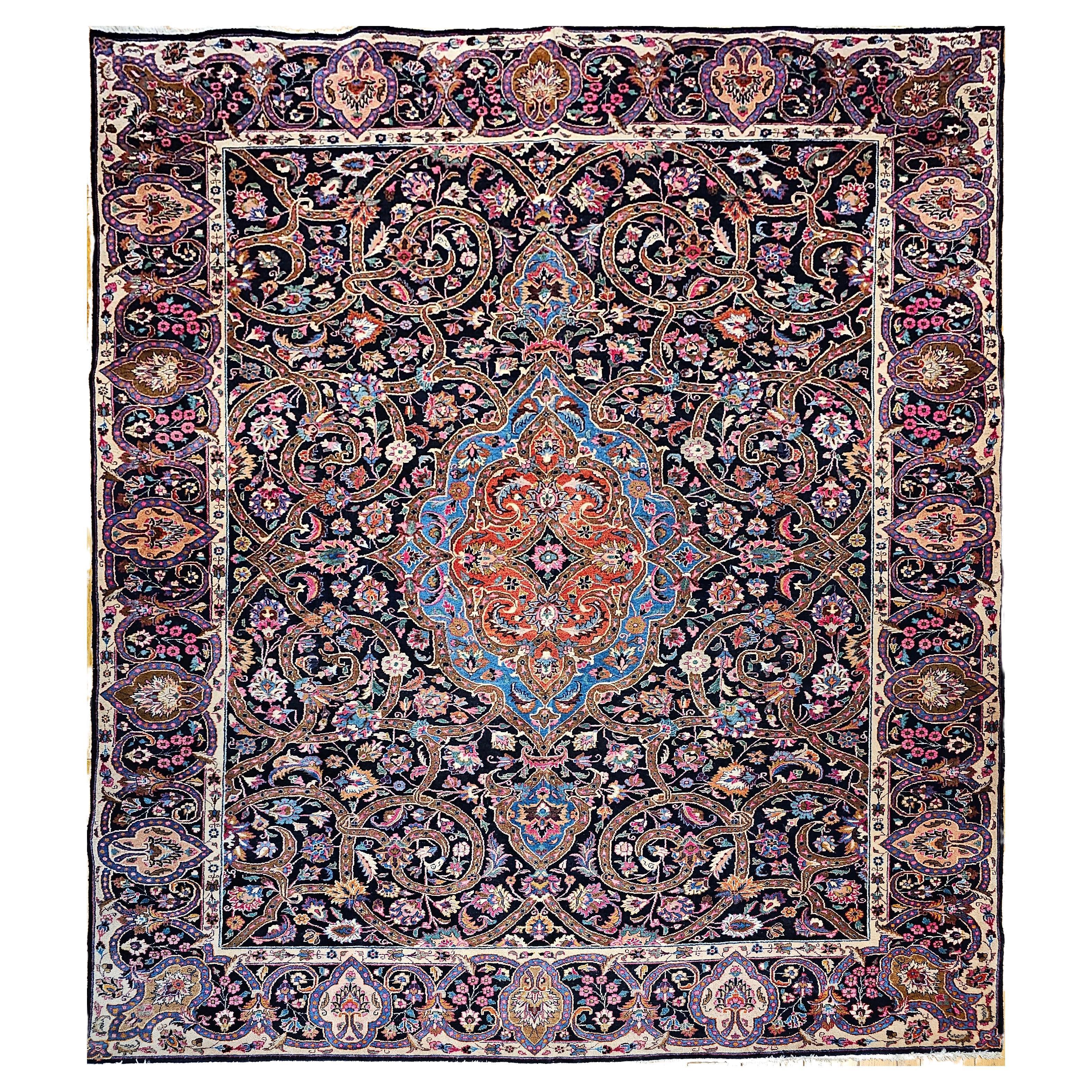 Vintage Persian Khorassan in Floral Pattern in Navy, Turquoise, Pink, Yellow For Sale