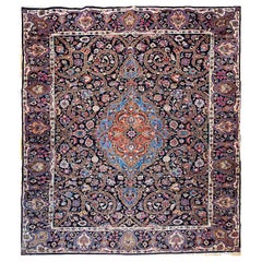 Vintage Persian Khorassan in Floral Pattern in Navy, Turquoise, Pink, Yellow