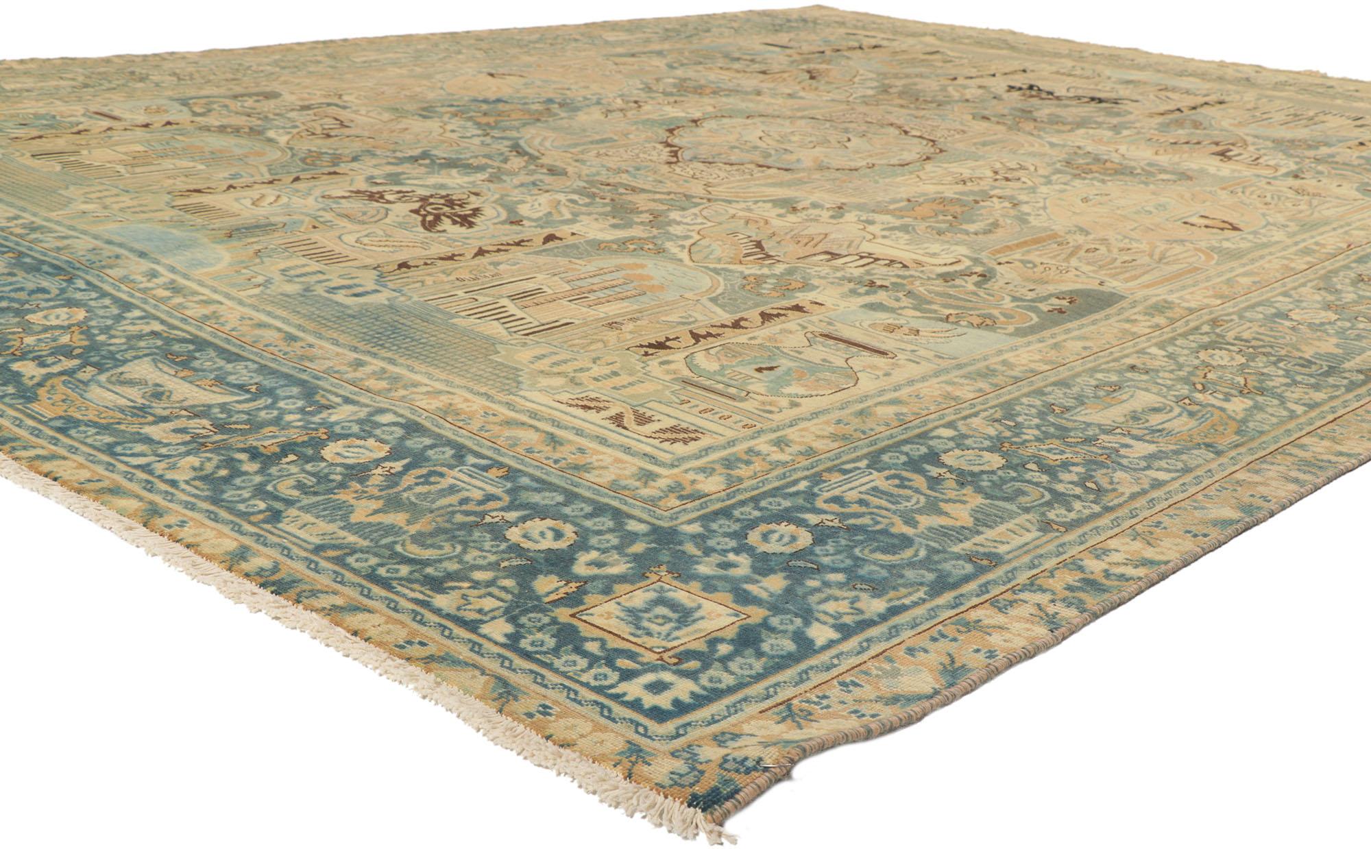 53745 Vintage Persisch Khorassan Bildteppich 09'04 x 12'03. Dieser handgeknüpfte persische Khorassan-Teppich aus Wolle ist voll von winzigen Details und einer malerischen Szene, die es dem Betrachter ermöglicht, immer wieder faszinierende Motive zu
