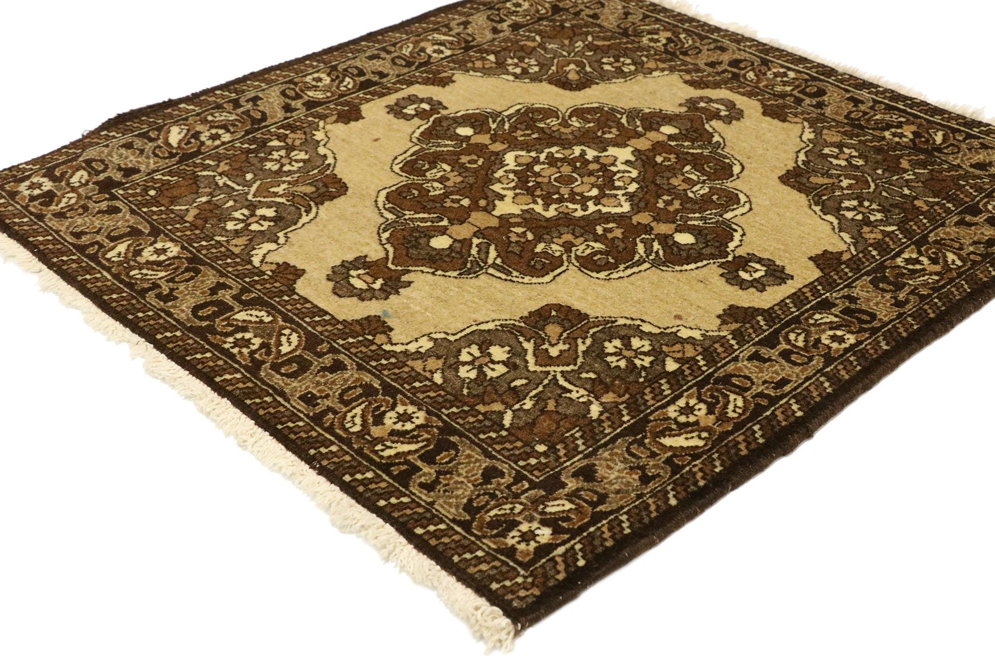 75162 Vintage Persian Khorassan Rug, 02'02 x 02'03. This exquisite hand-knotted wool vintage Persian Khorasan rug captivates with its intricate design and harmonious blend of earth-tone colors. The central medallion features a beautifully