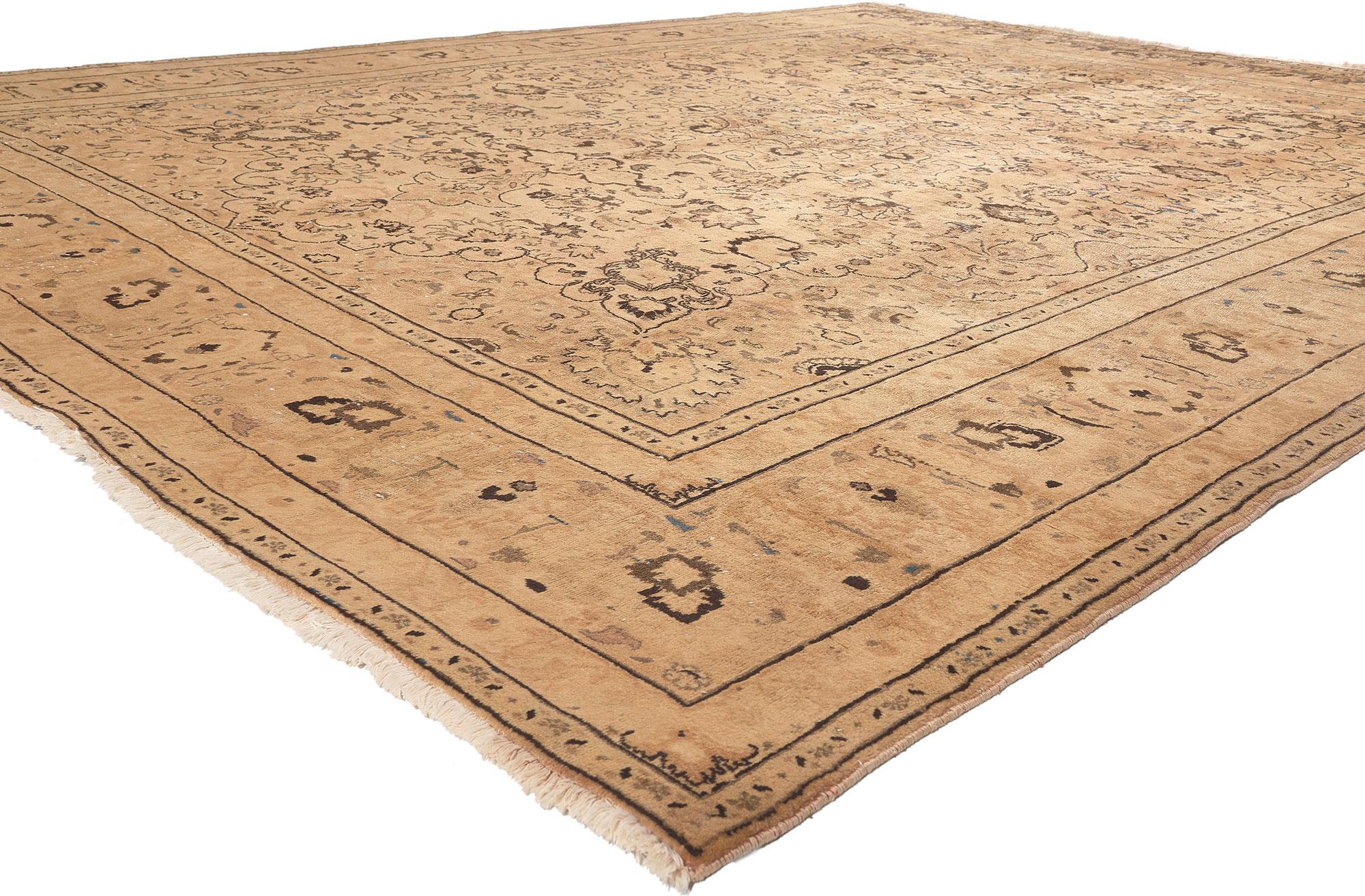 76445 Vintage Persian Khorassan Rug 09'07 X 12'03. Relaxed elegance meets traditional sensibility in this hand knotted vintage Persian Khorassan rug. The decorative floral design and neutral earthy hues woven into this piece work together resulting