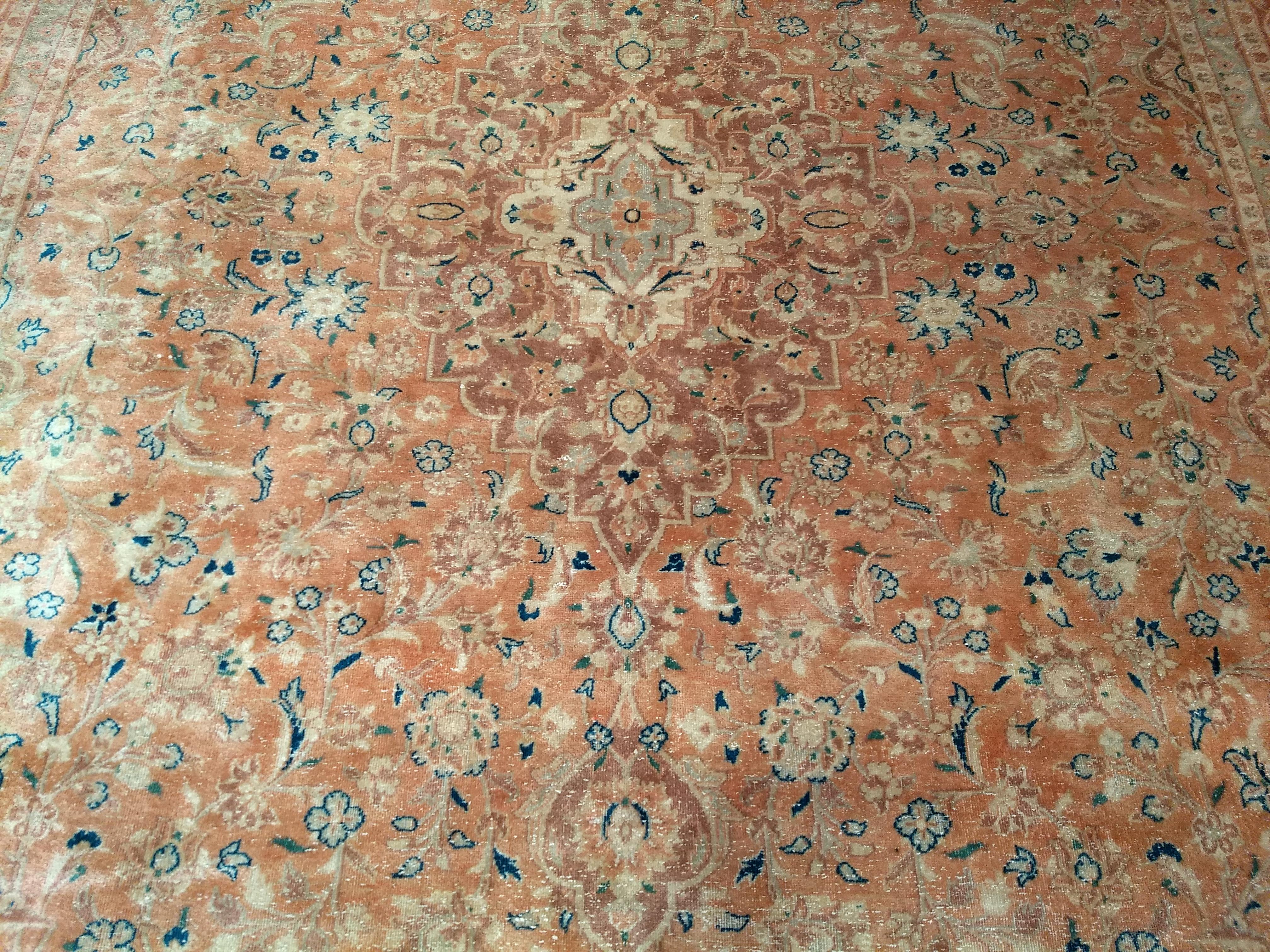 Vintage Persian Tabriz in Allover Pattern in Pale Apricot, Burgundy, Blue, Green For Sale 4