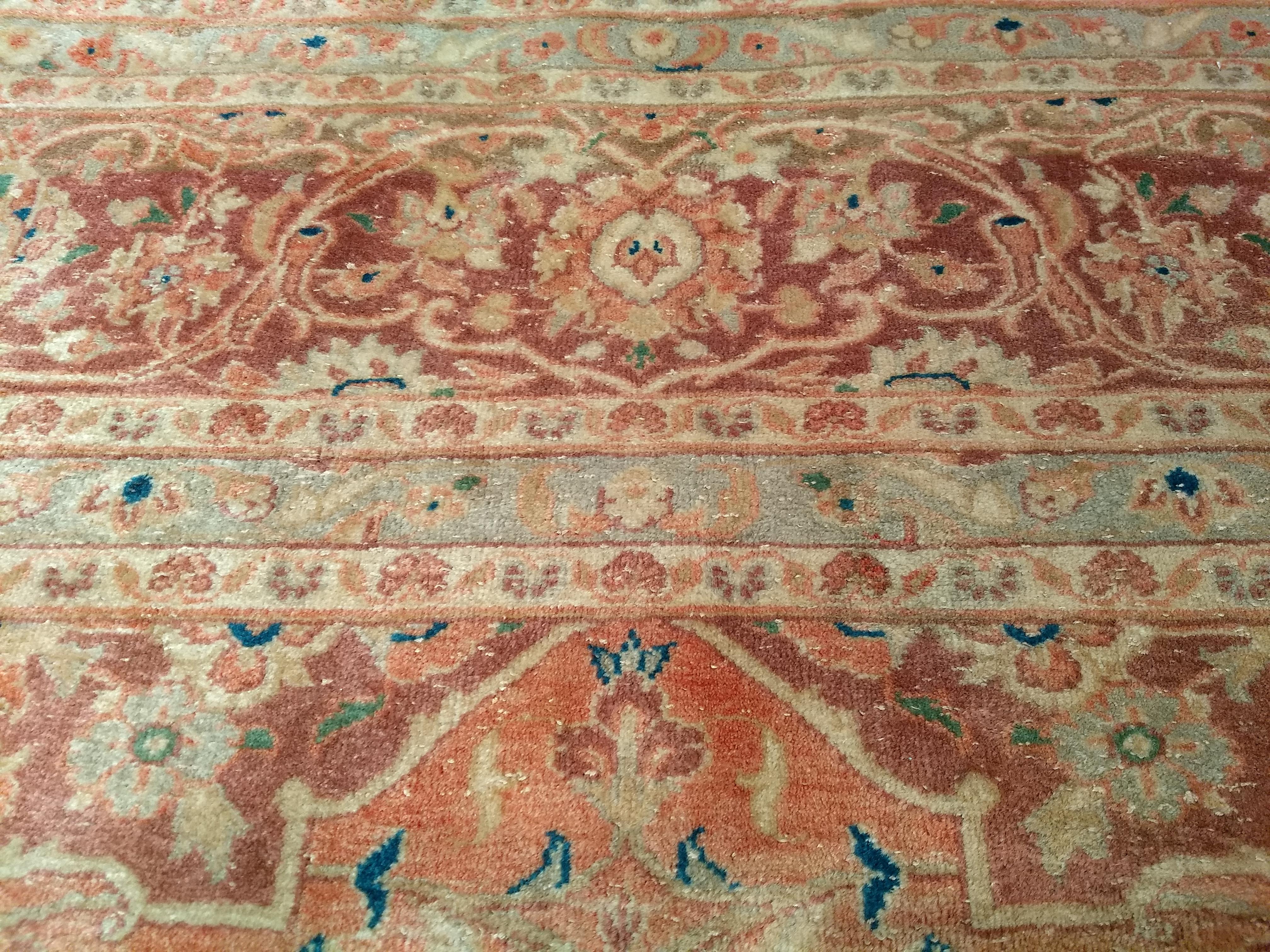 Vintage Persian Tabriz in Allover Pattern in Pale Apricot, Burgundy, Blue, Green For Sale 5