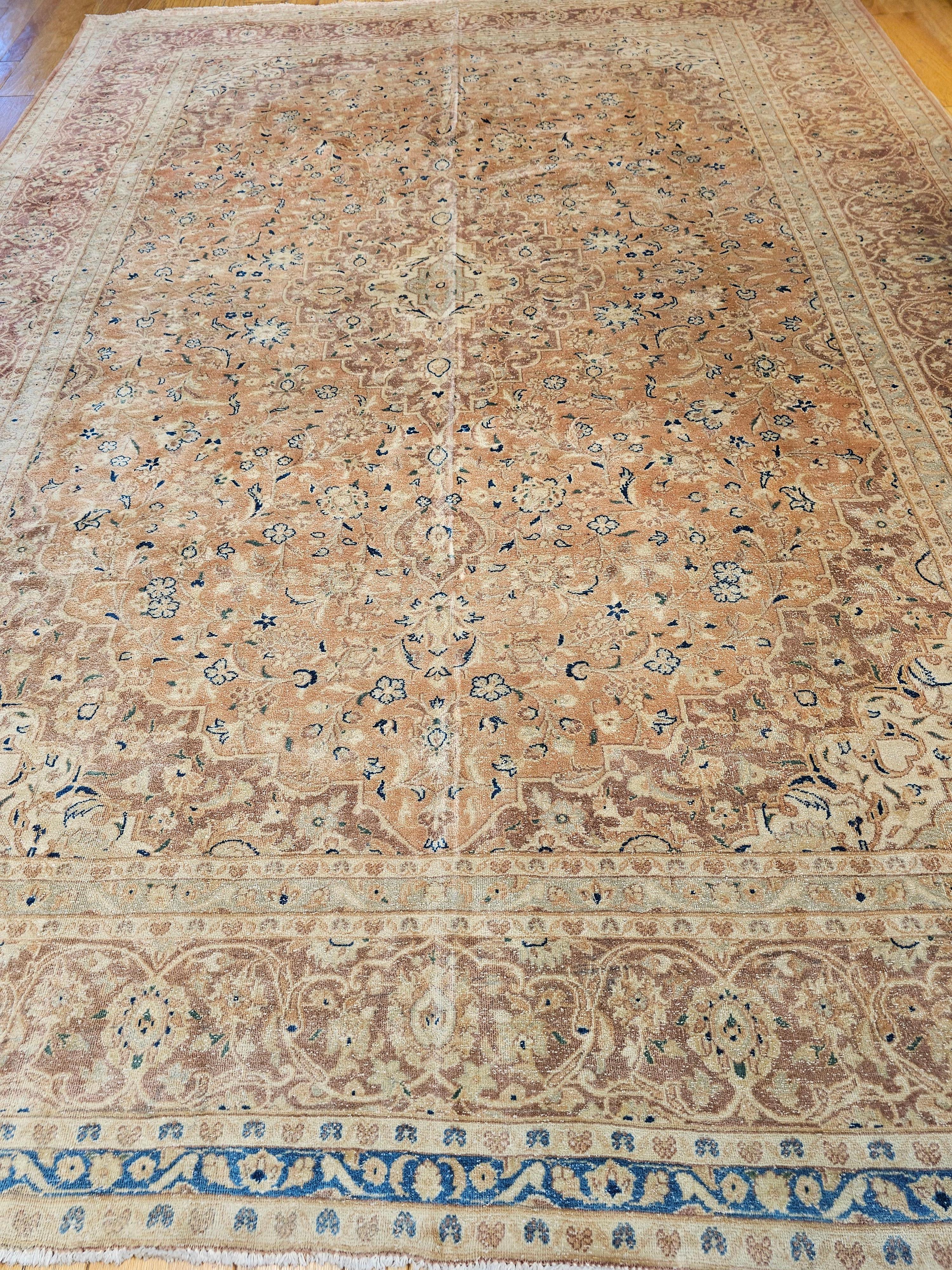 Vintage Persian Tabriz in Allover Pattern in Pale Apricot, Burgundy, Blue, Green For Sale 7