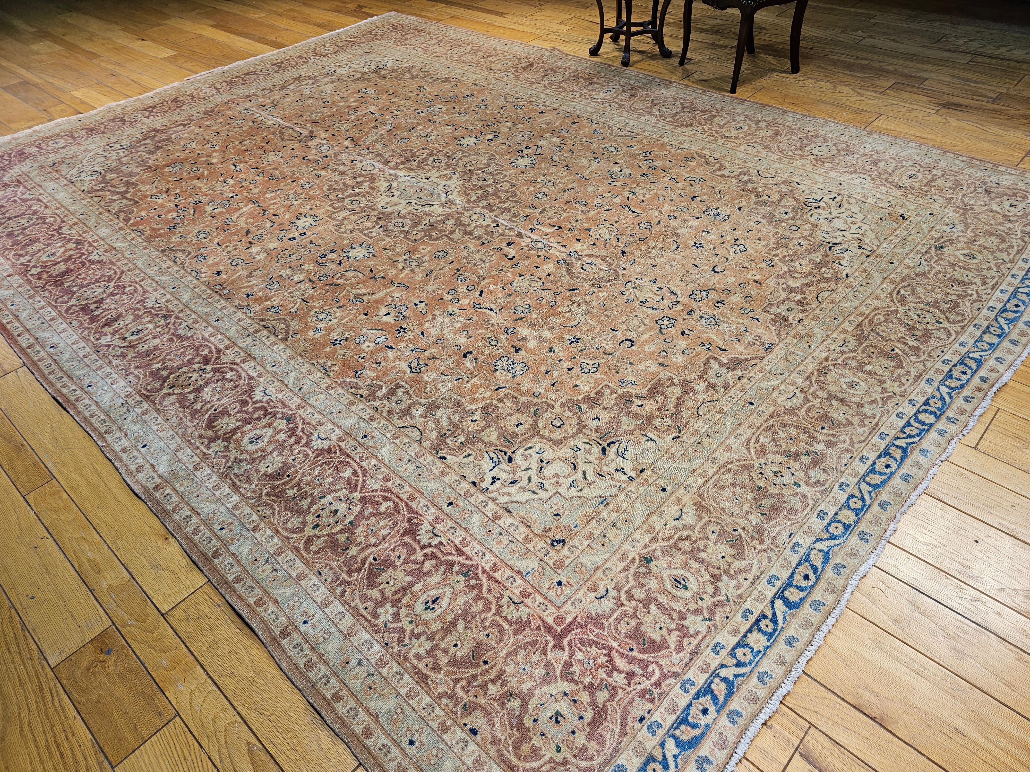 Vintage Persian Tabriz in Allover Pattern in Pale Apricot, Burgundy, Blue, Green For Sale 8