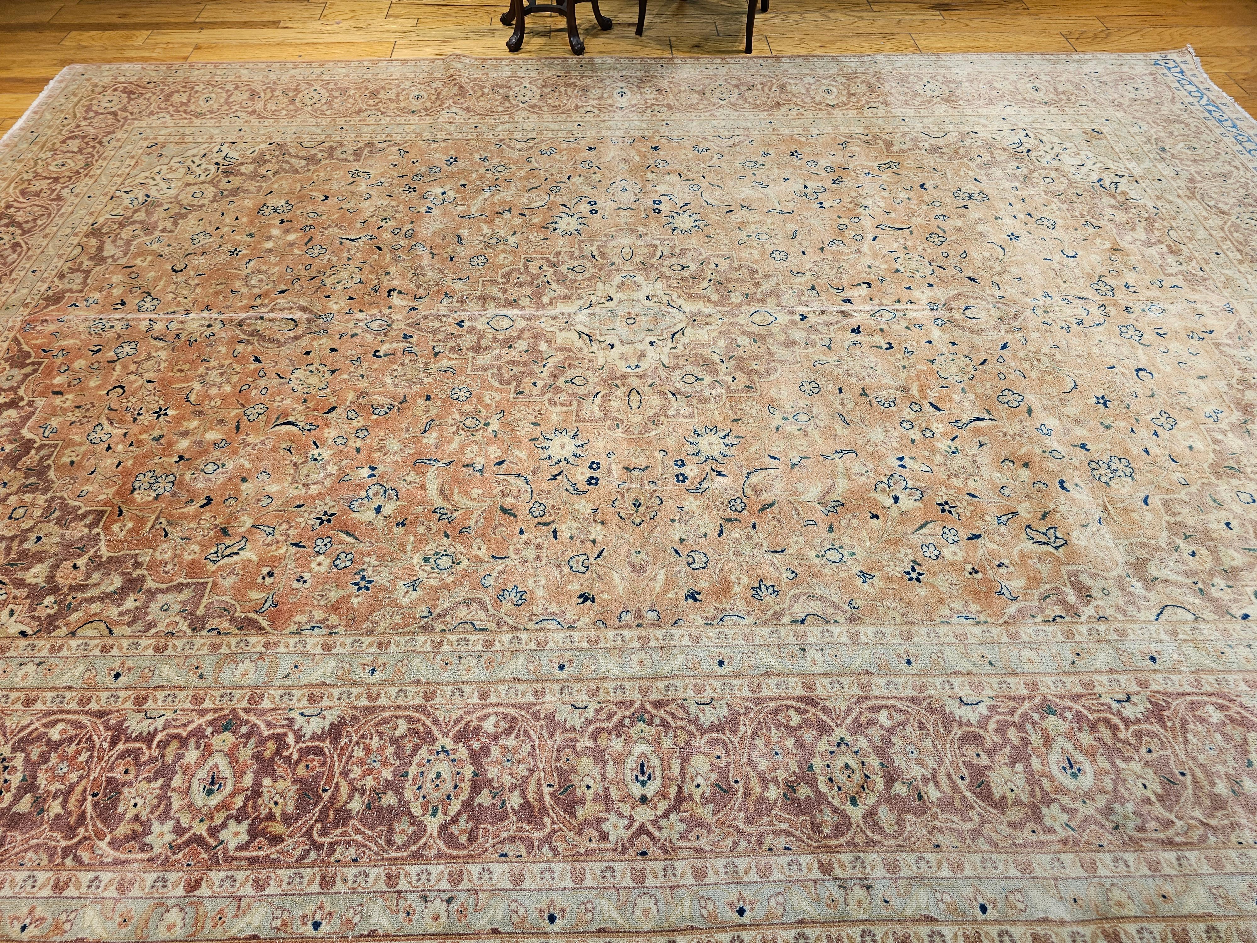 Vintage Persian Tabriz in Allover Pattern in Pale Apricot, Burgundy, Blue, Green For Sale 9