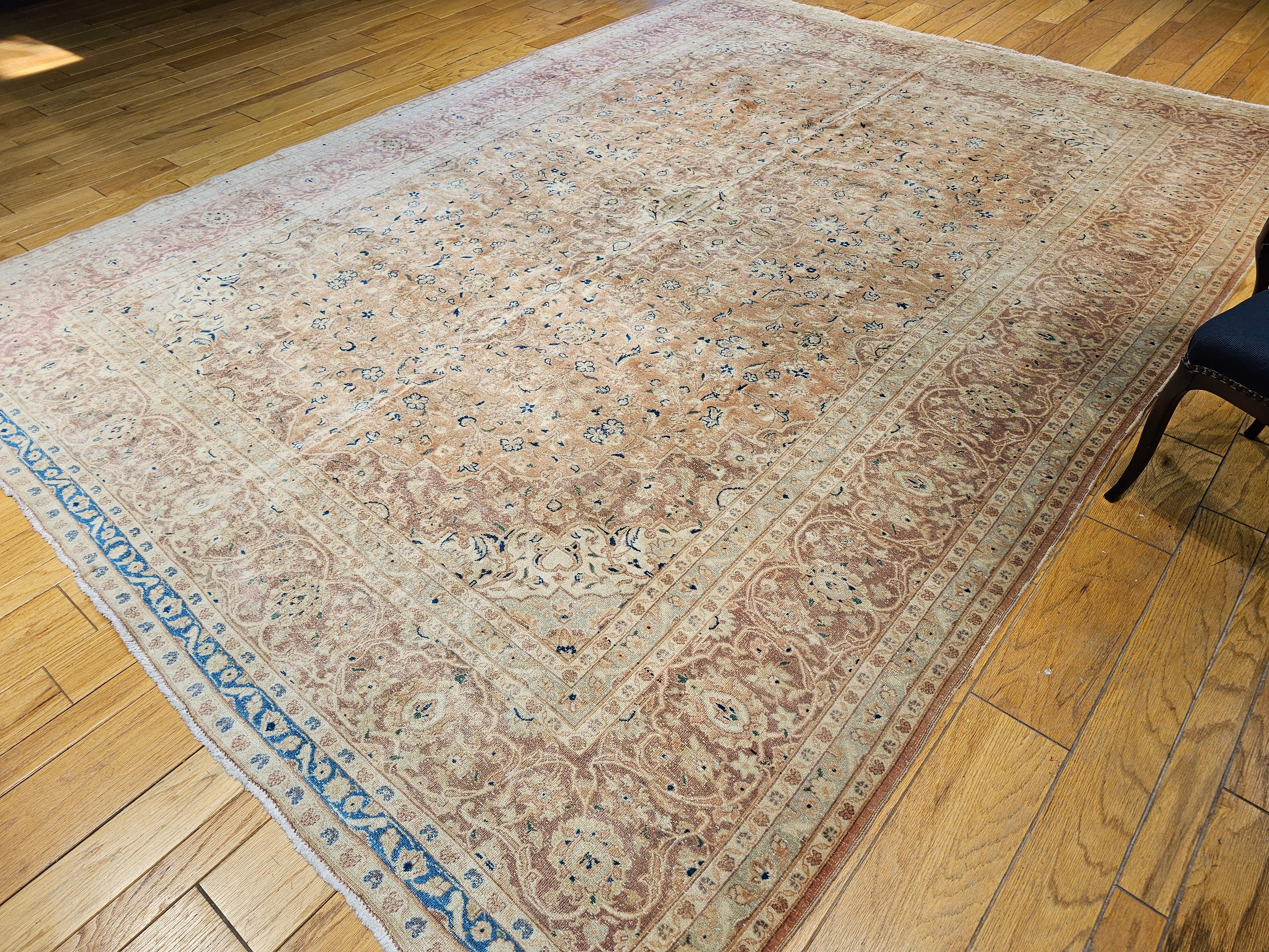 Vintage Persian Tabriz in Allover Pattern in Pale Apricot, Burgundy, Blue, Green For Sale 10
