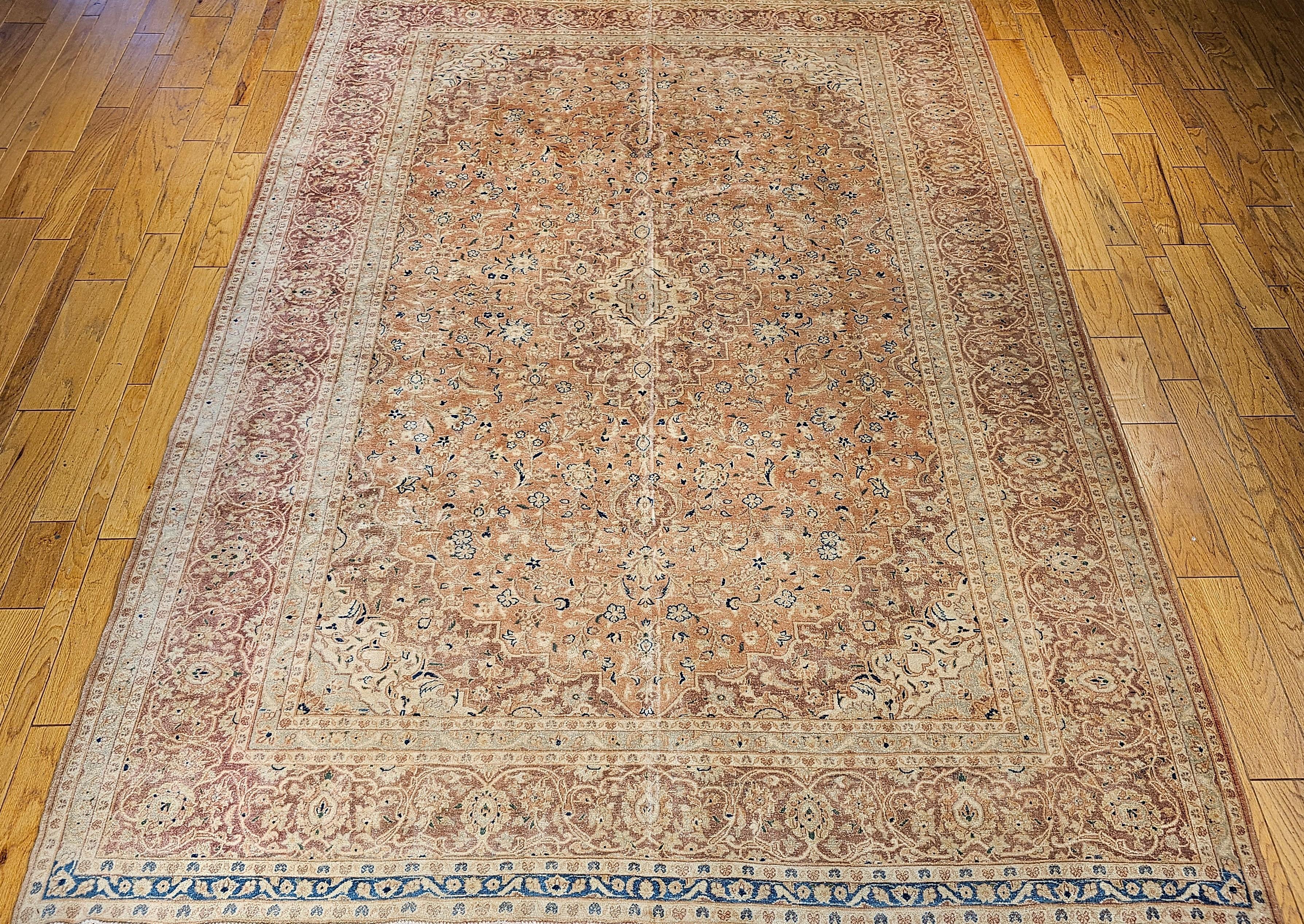 Vintage Persian Tabriz in Allover Pattern in Pale Apricot, Burgundy, Blue, Green For Sale 11