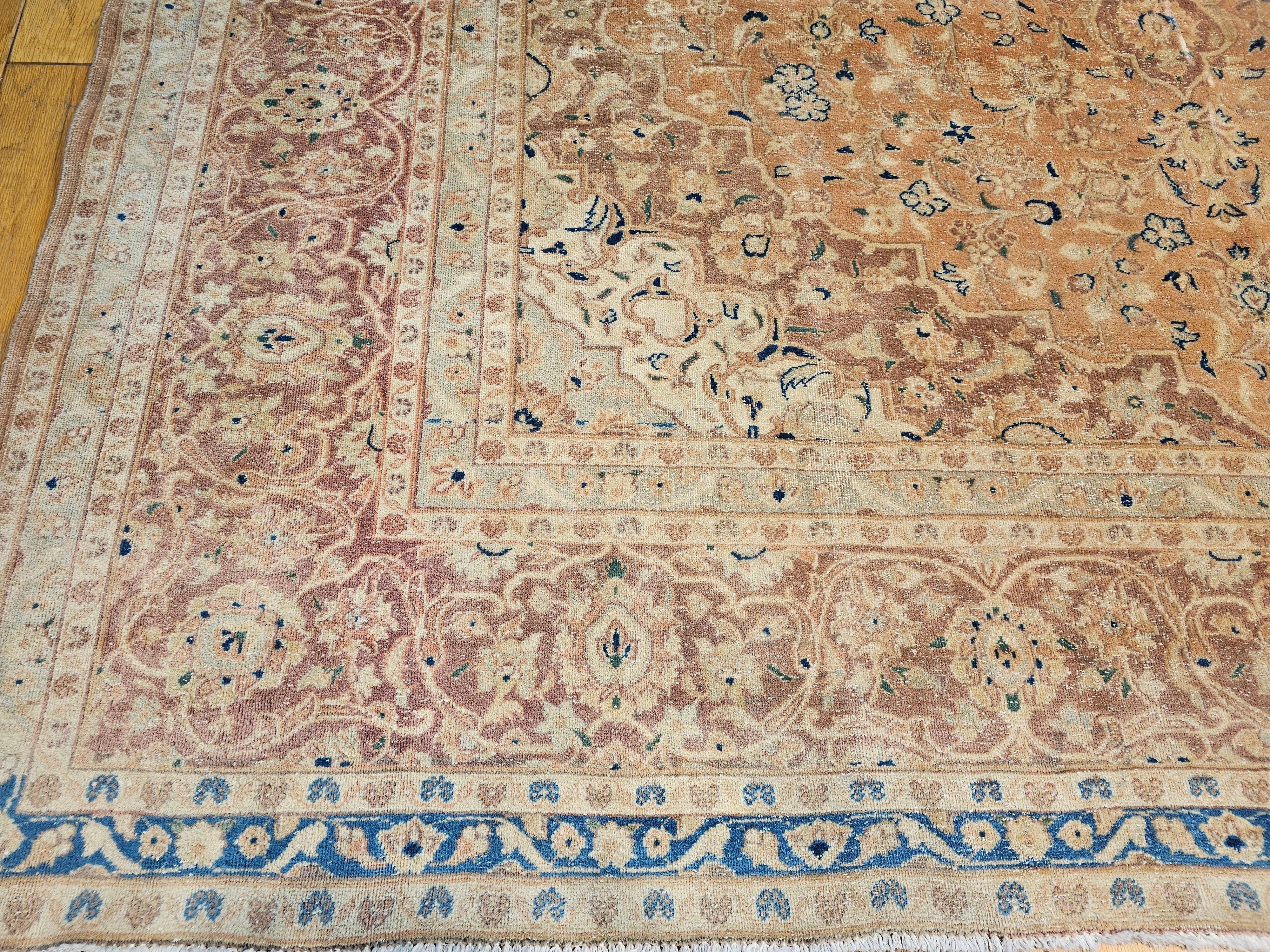 20th Century Vintage Persian Tabriz in Allover Pattern in Pale Apricot, Burgundy, Blue, Green For Sale