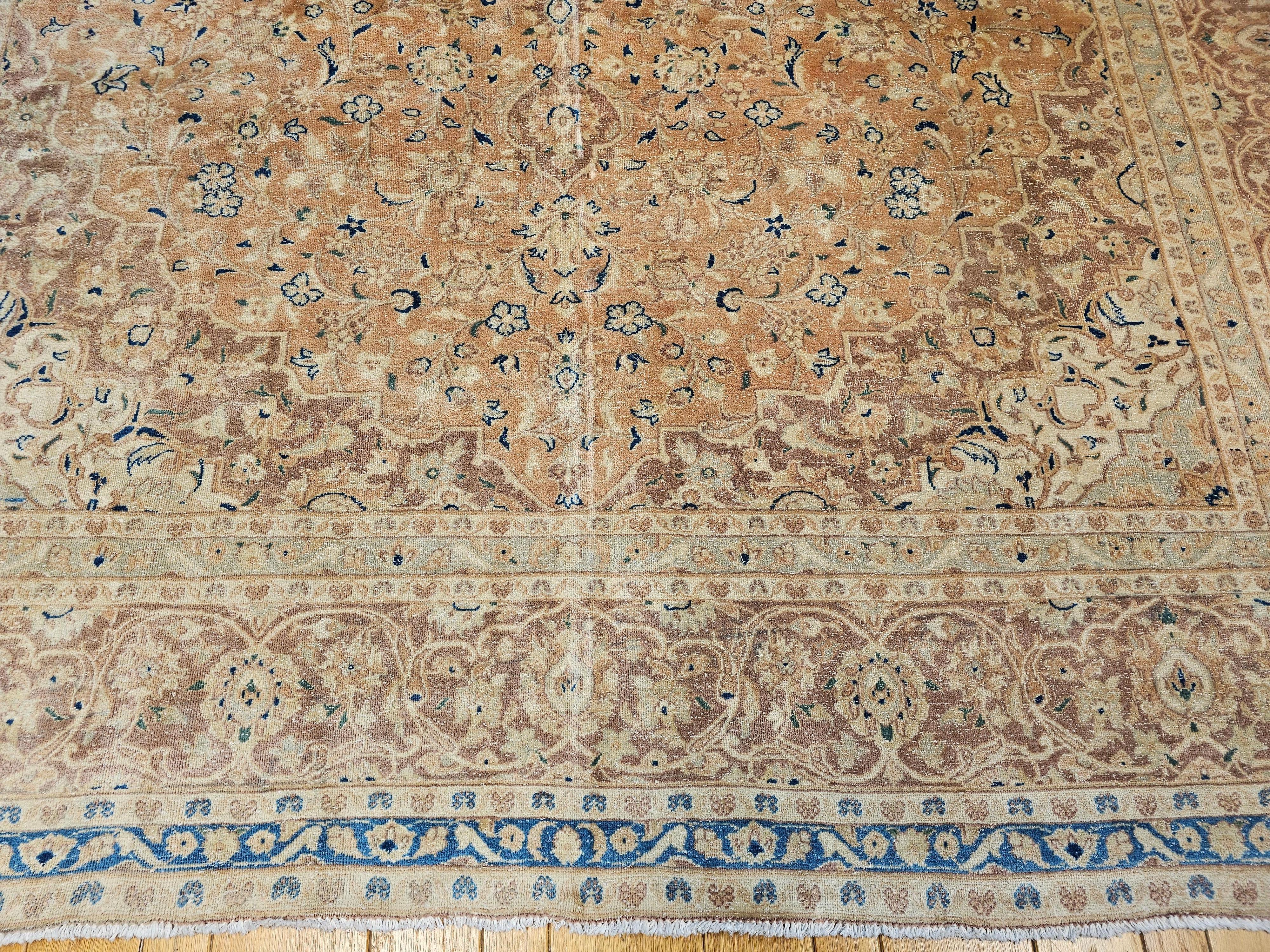 Wool Vintage Persian Tabriz in Allover Pattern in Pale Apricot, Burgundy, Blue, Green For Sale