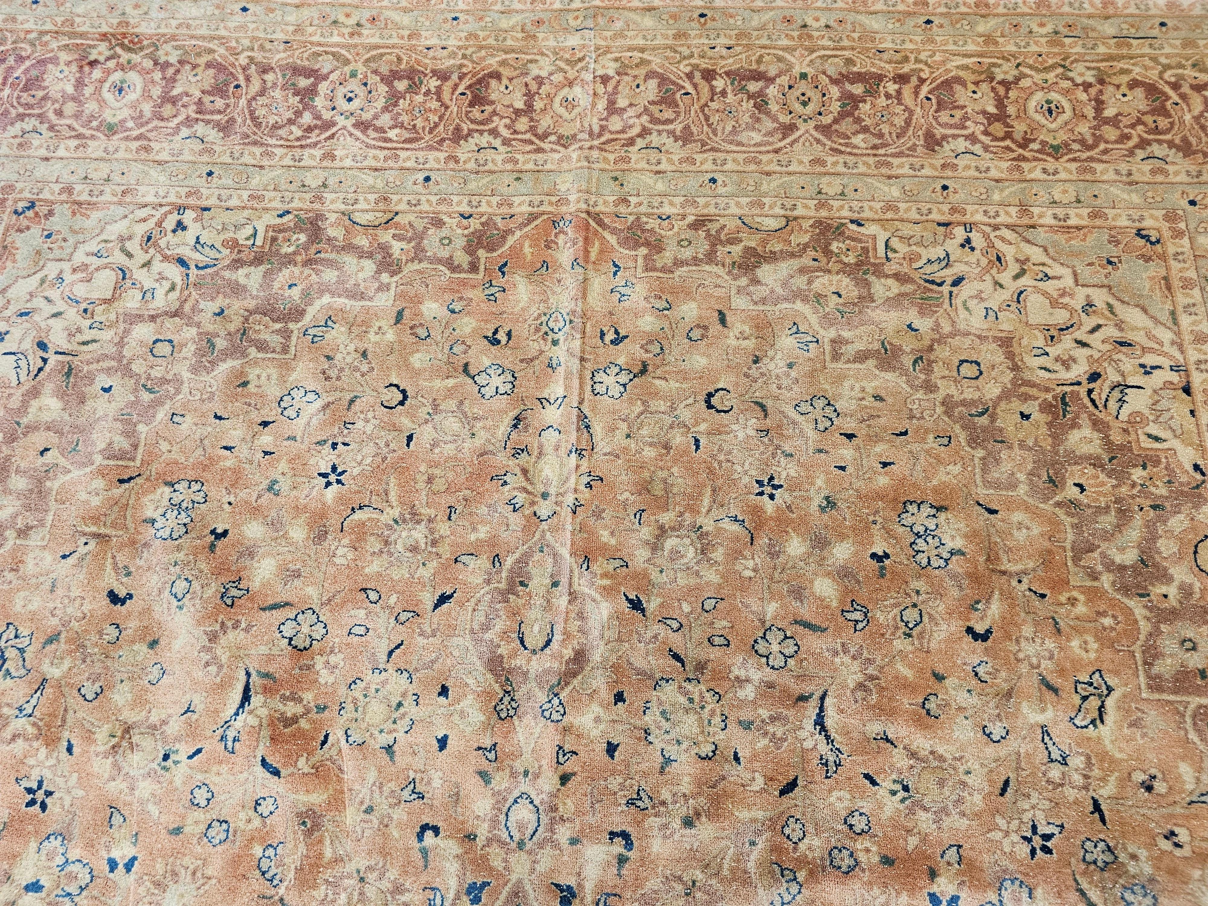 Vintage Persian Tabriz in Allover Pattern in Pale Apricot, Burgundy, Blue, Green For Sale 2