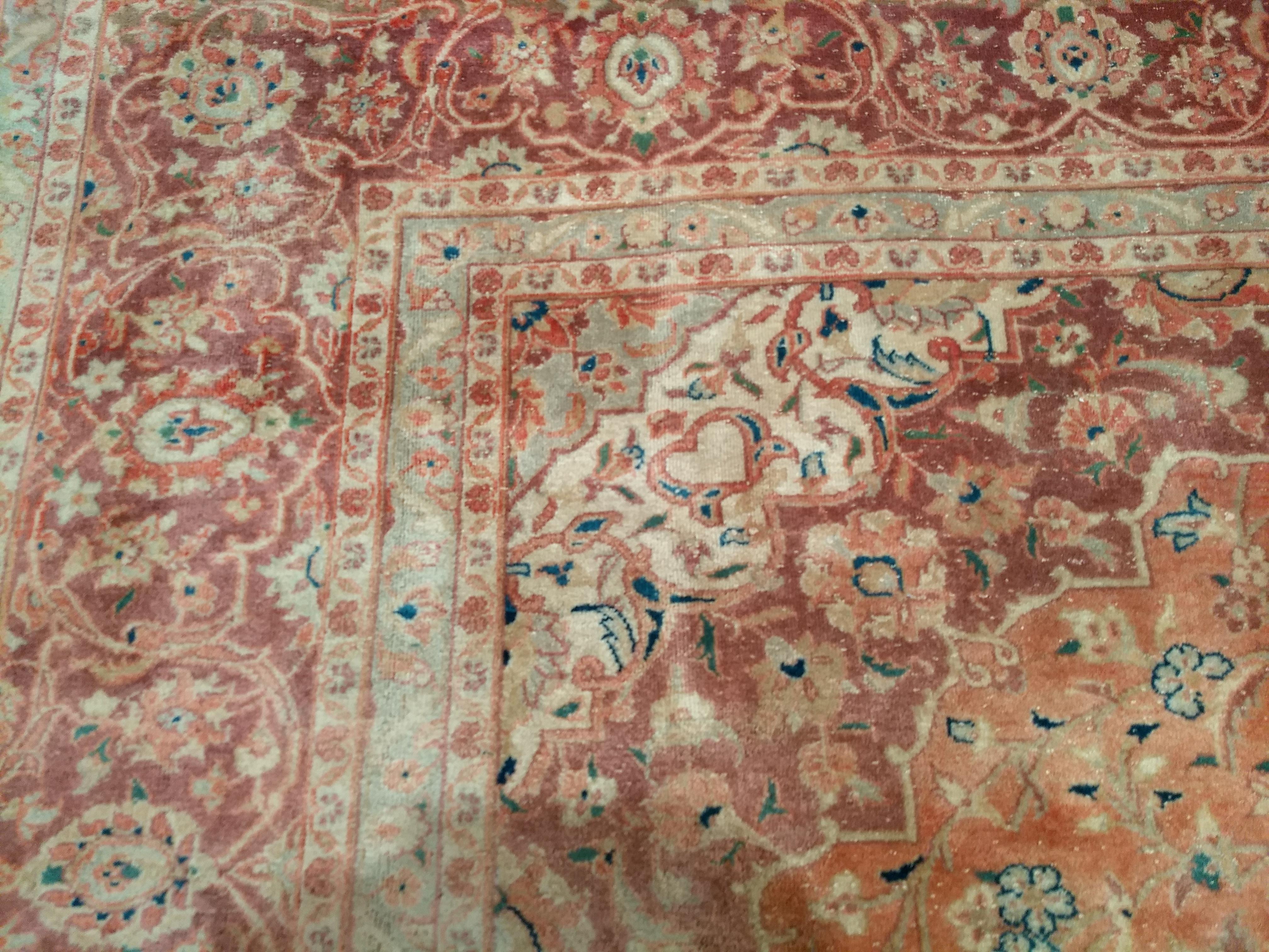 Vintage Persian Tabriz in Allover Pattern in Pale Apricot, Burgundy, Blue, Green For Sale 3