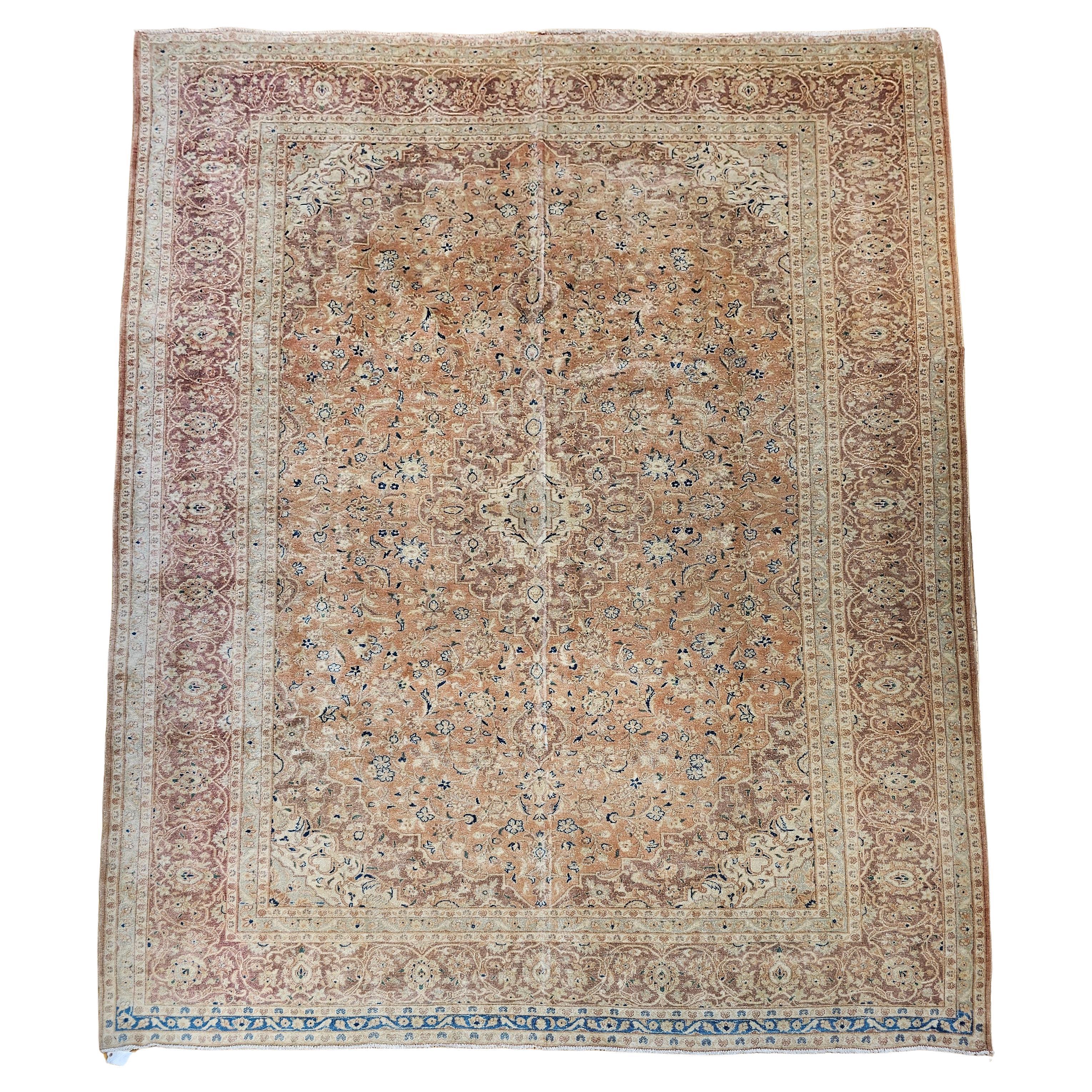 Vintage Persian Tabriz in Allover Pattern in Pale Apricot, Burgundy, Blue, Green For Sale