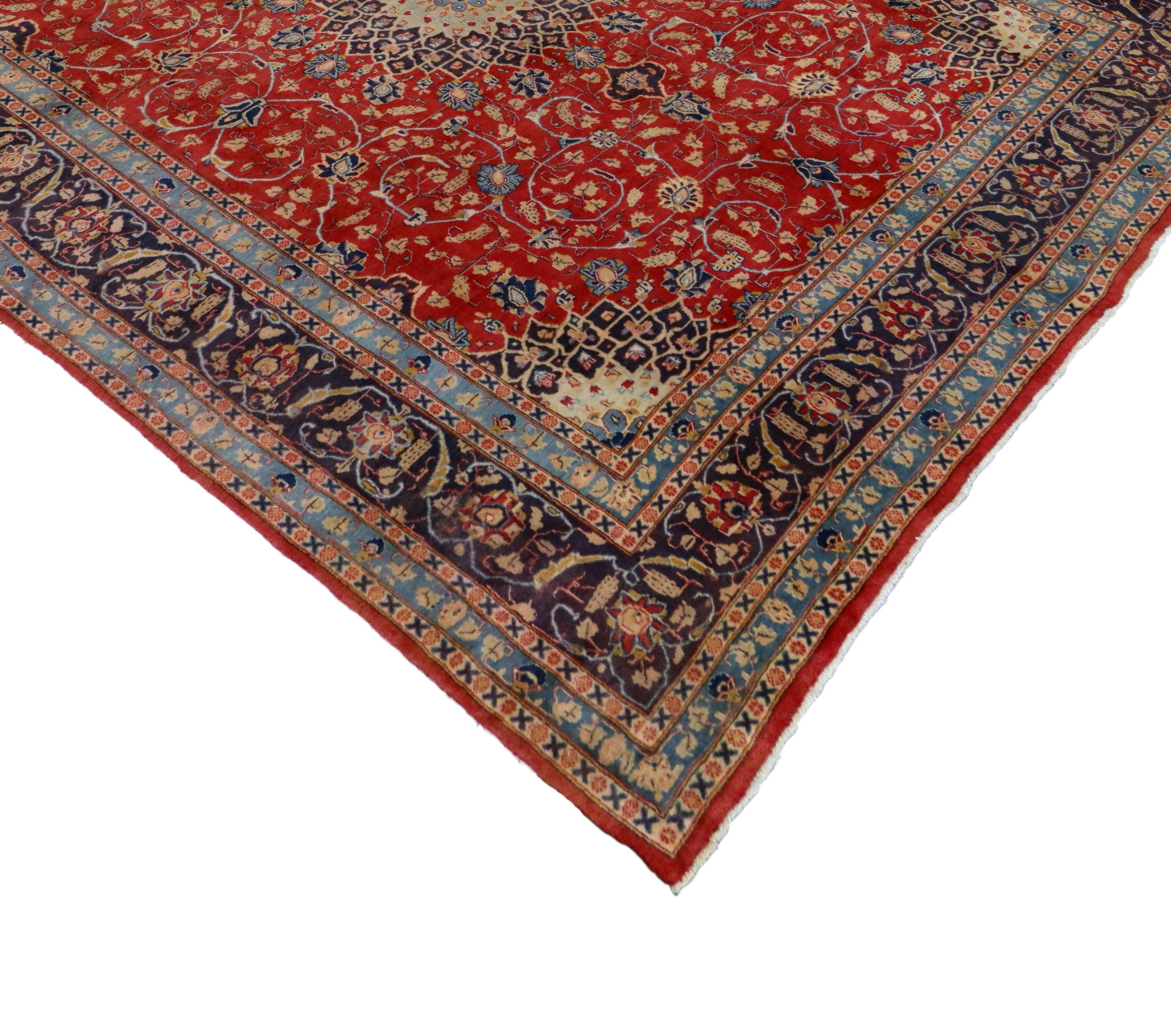 74484, vintage Persian Khorassan rug with traditional style. This hand-knotted wool vintage Persian Khorassan rug features a center medallion and complementary spandrels with an allover arabesque floral pattern surrounded by a classic border