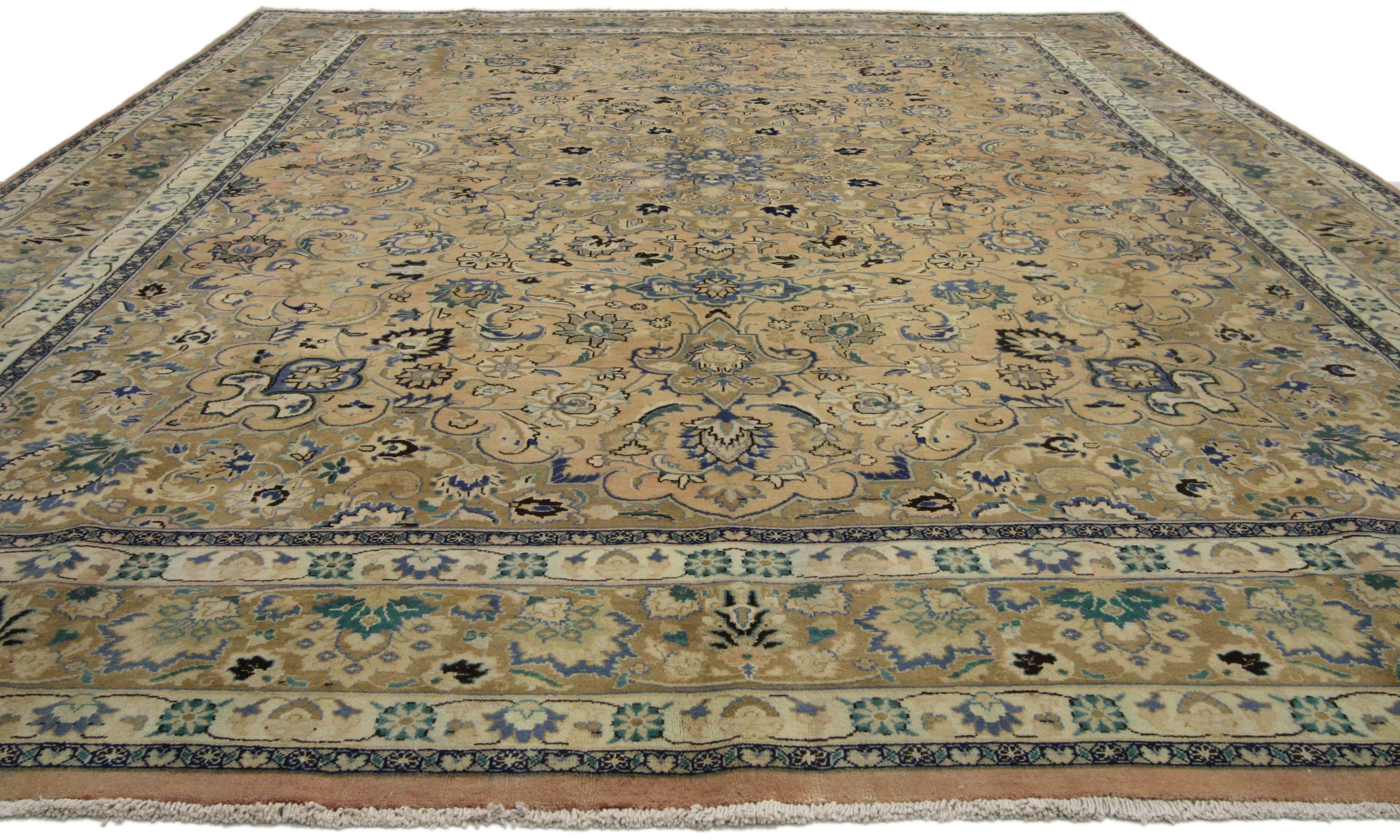 76440, vintage Persian Khorassan rug with traditional style. This hand-knotted wool vintage Persian Khorassan area rug features elaborate cusped spandrels and a sixteen-point starburst medallion with palmette finials, both with arabesque swirling