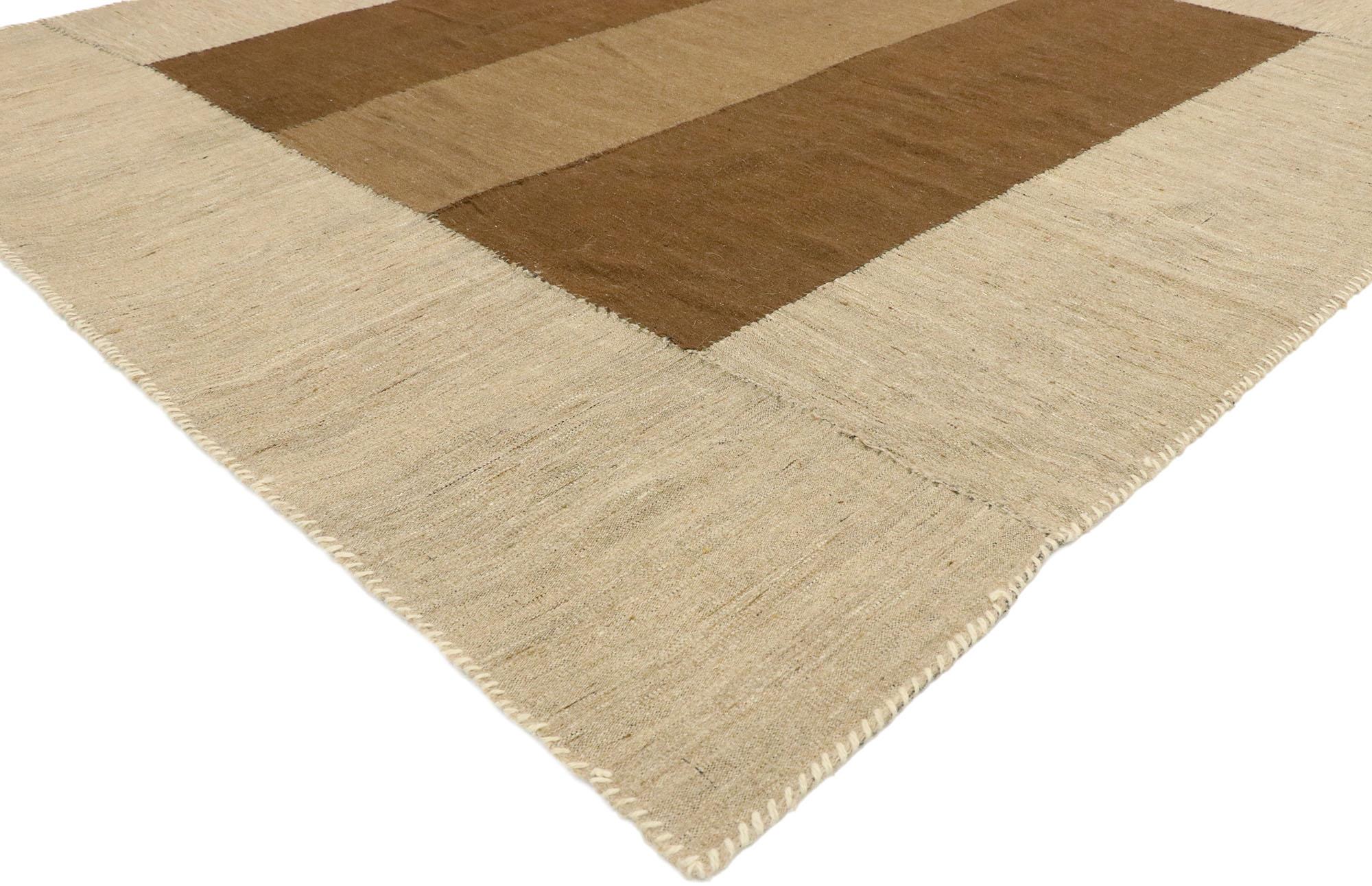 76386, vintage Persian Kilim Area rug with Mid-Century Modern style, flat-weave Kilim rug. Balancing a classic stripe design with earth-tone colors and Mid-Century Modern style, this handwoven wool vintage Persian Kilim area rug is a captivating