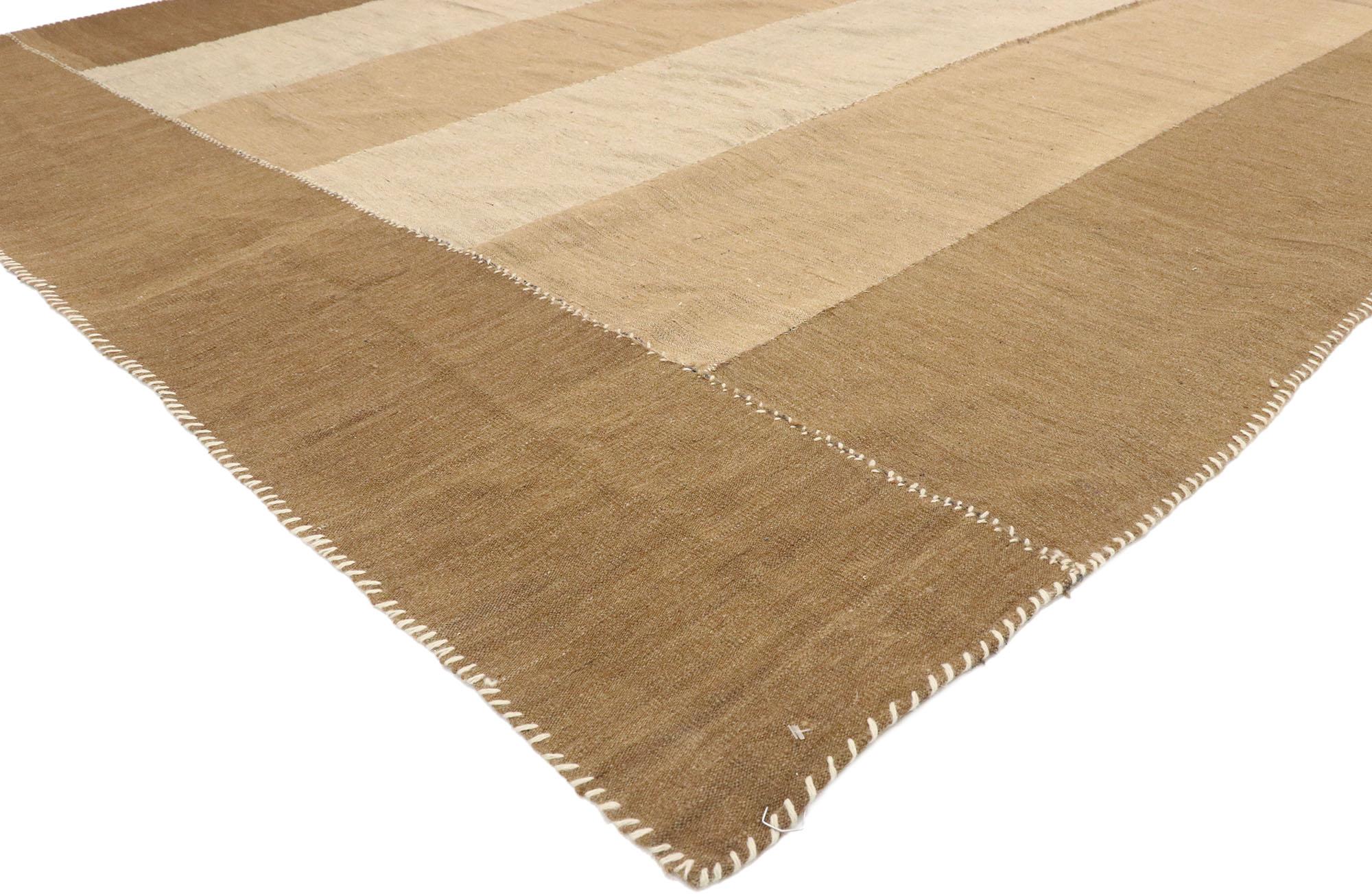 76387 vintage Persian Kilim Area rug with midcentury Organic Modern style. Balancing a classic stripe design with earth-tone colors and midcentury Organic Modern style, this handwoven wool vintage Persian Kilim area rug is a captivating vision of