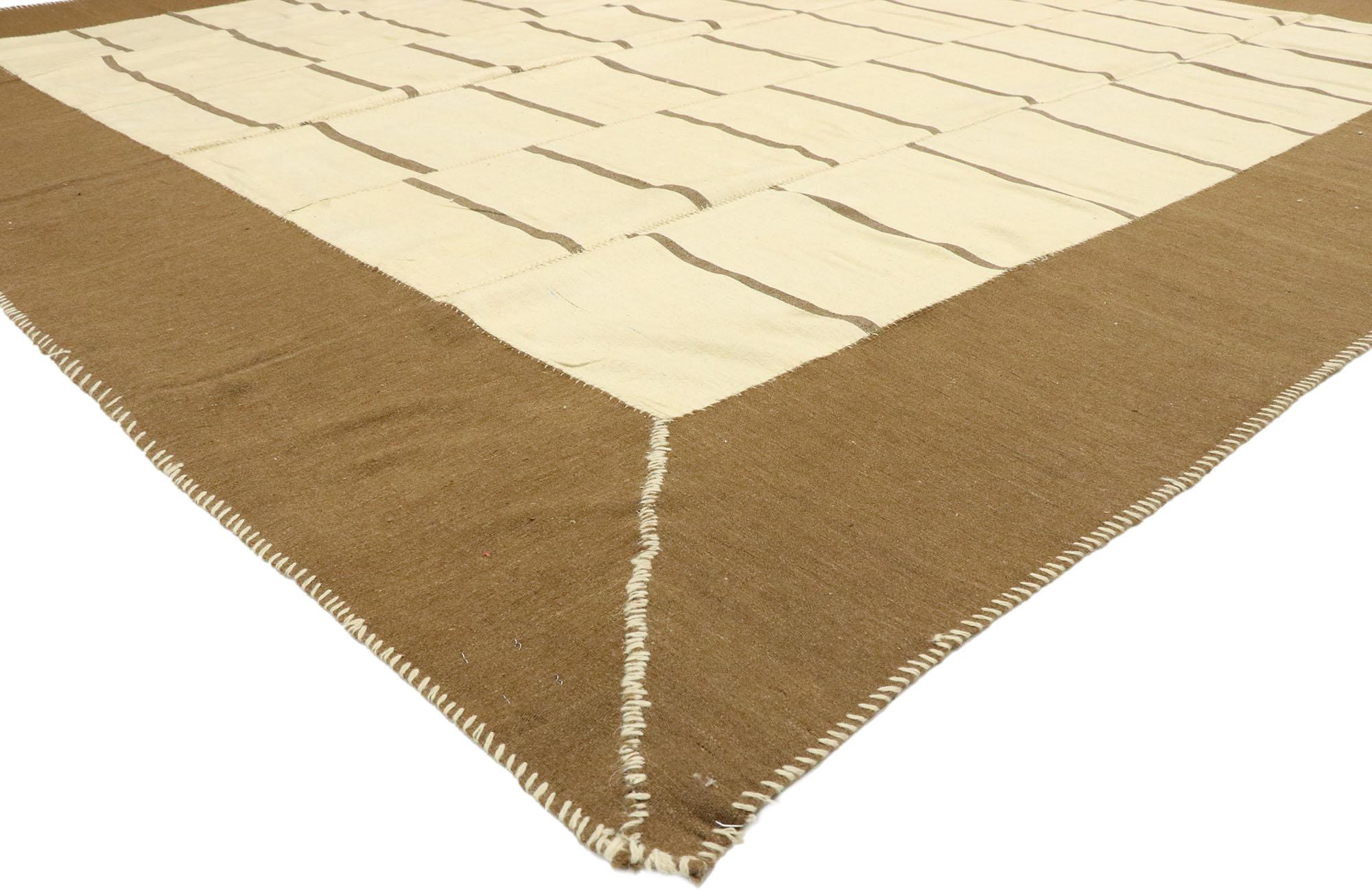 76384, vintage Persian Kilim Area rug with midcentury organic modern style. Balancing a Classic stripe design with warm earth-tone colors and midcentury organic modern style, this handwoven wool vintage Persian Kilim area rug is a captivating vision